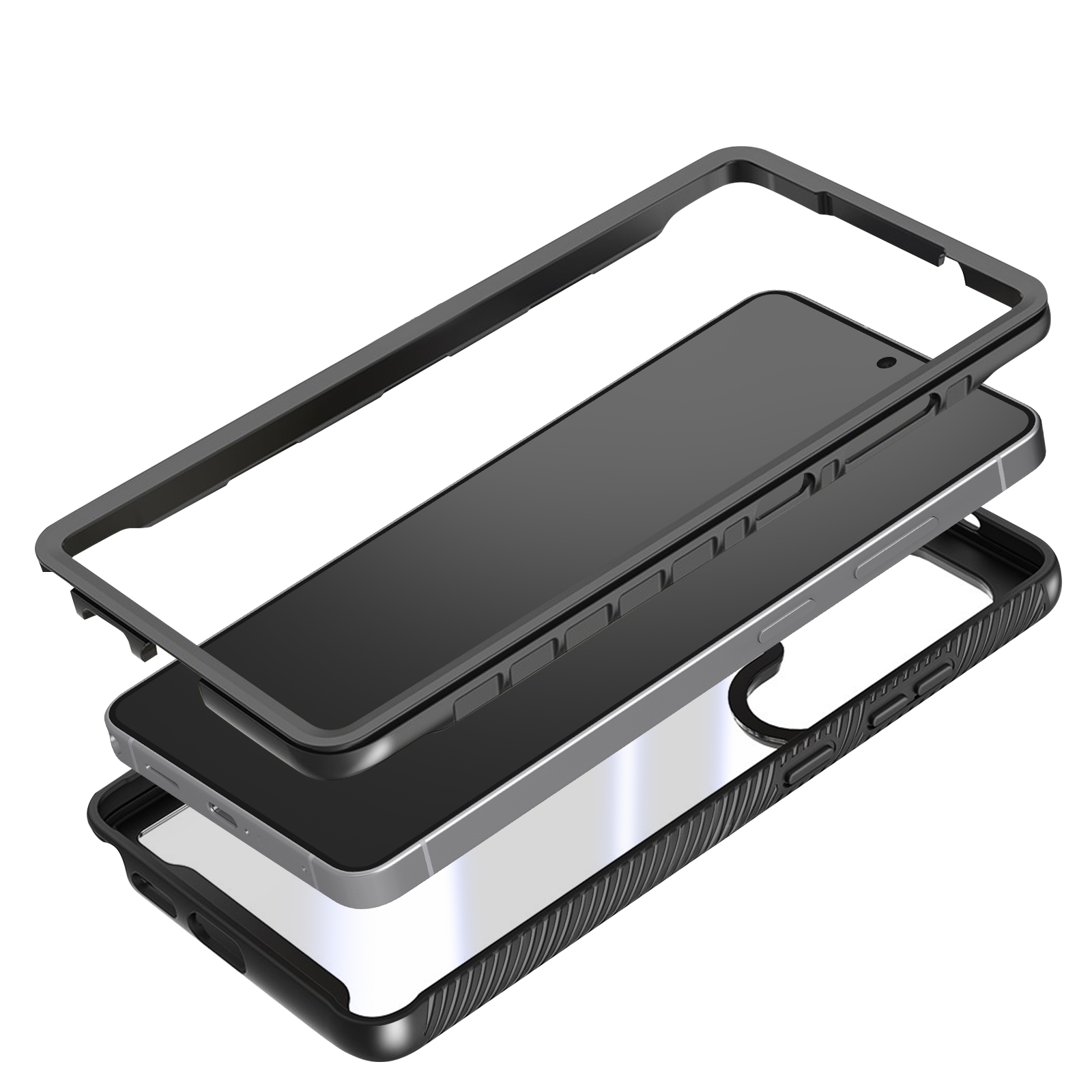 Exploded view van een zwarte telefoonhoes over een smartphone.