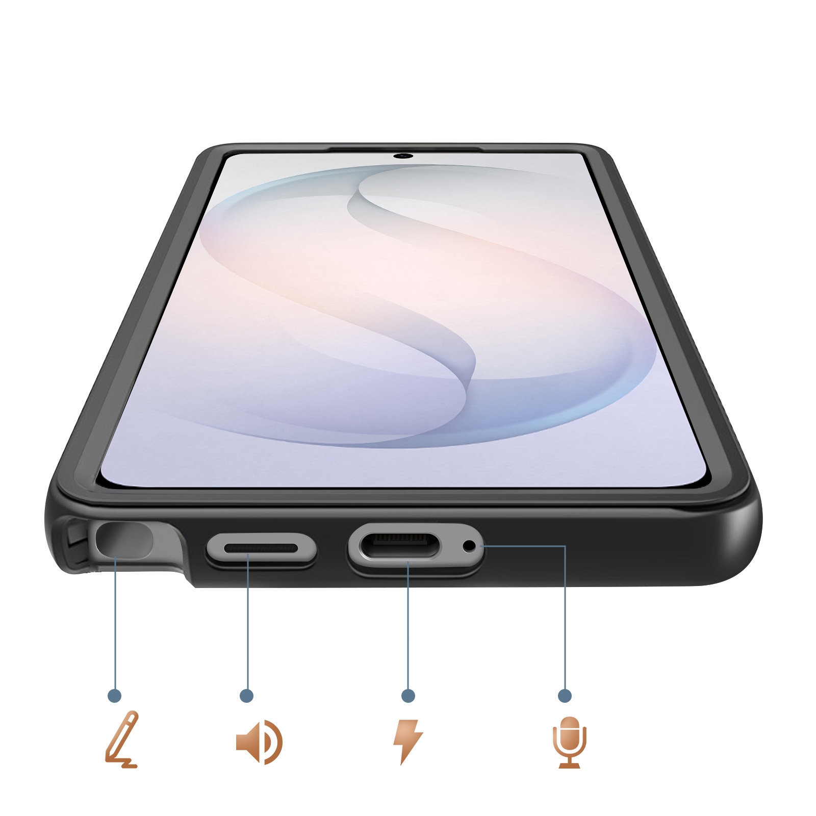 Een smartphone in een zwart hoesje, van de zijkant getoond. Poorten voor stylus, luidspreker, opladen, microfoon.