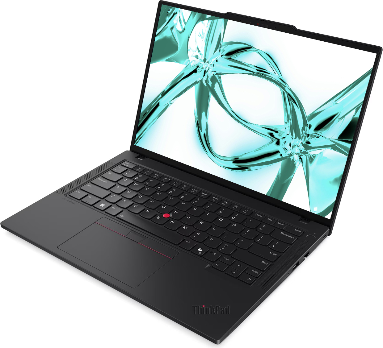 Açık siyah bir ThinkPad dizüstü bilgisayar, ekranında canlı soyut mavi ve yeşil bir desen sergiliyor.