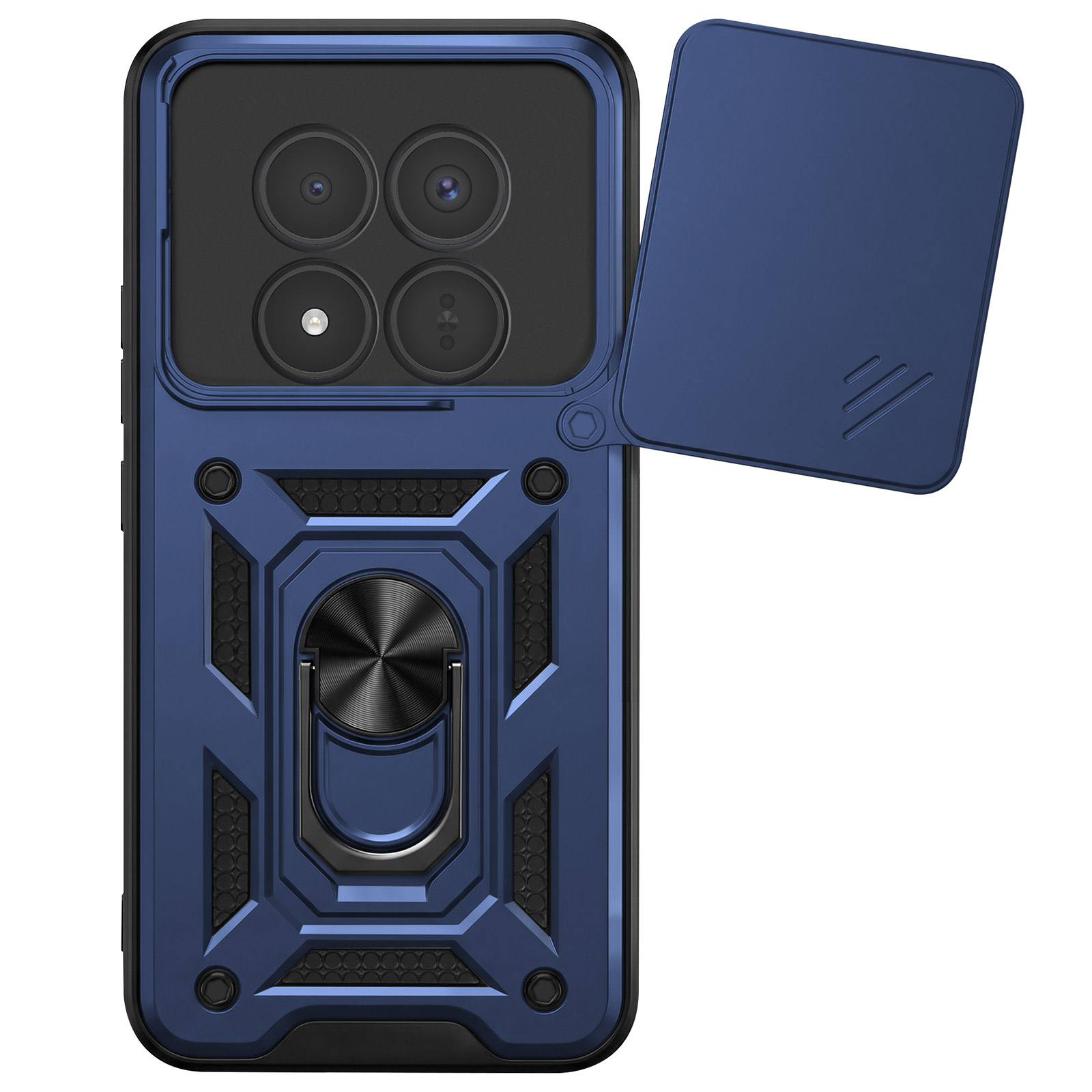 Coque de téléphone bleue avec quatre caméras et un cache coulissant.
