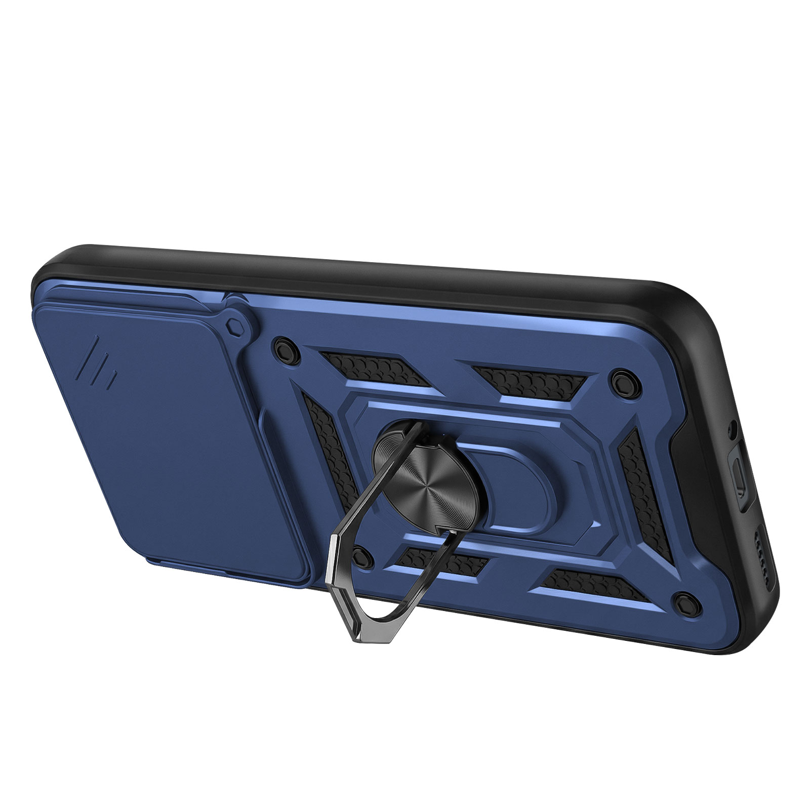 Une coque de téléphone robuste bleue avec un anneau support argenté sur fond blanc.