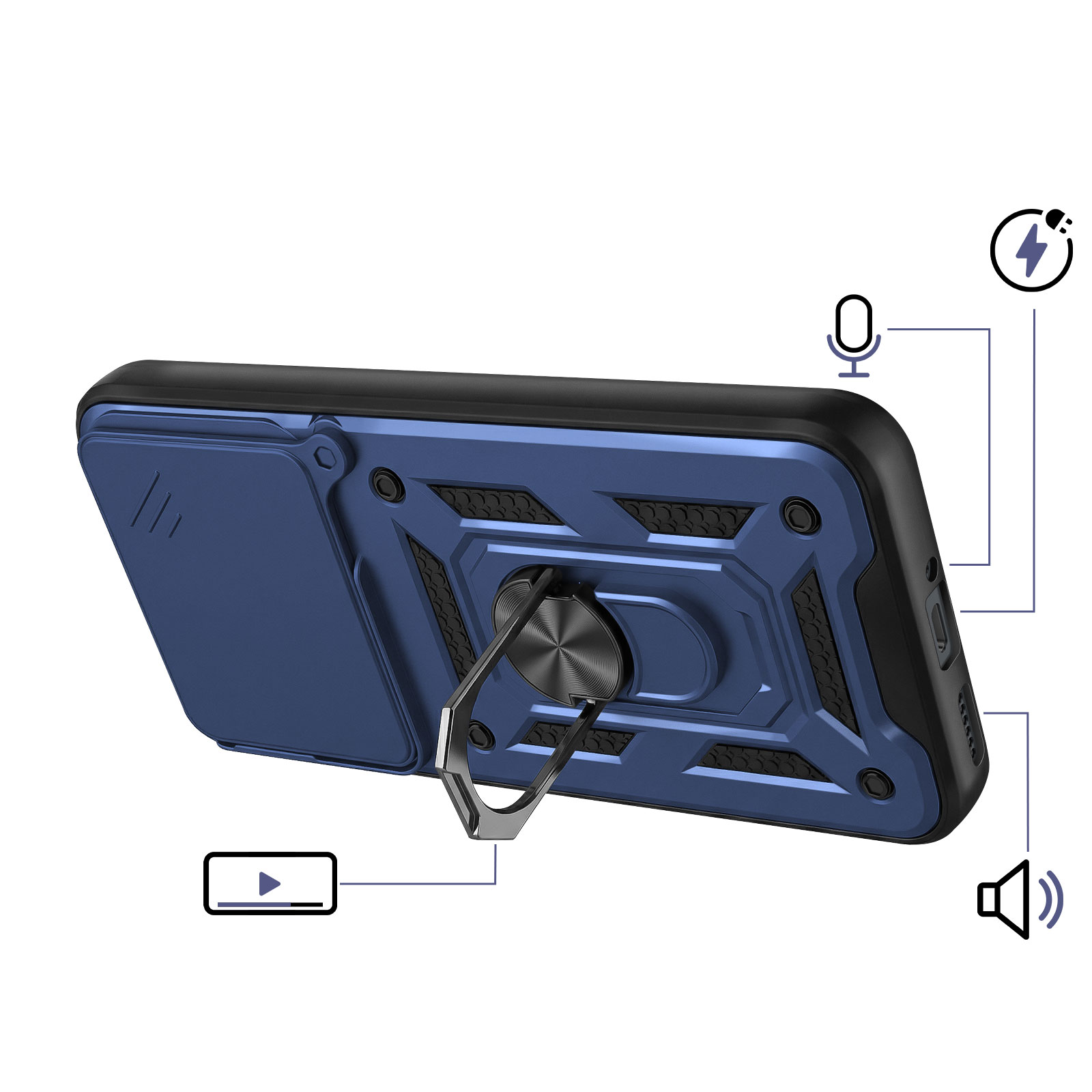 Coque de téléphone bleue avec support anneau, micro, haut-parleur et icône charge.