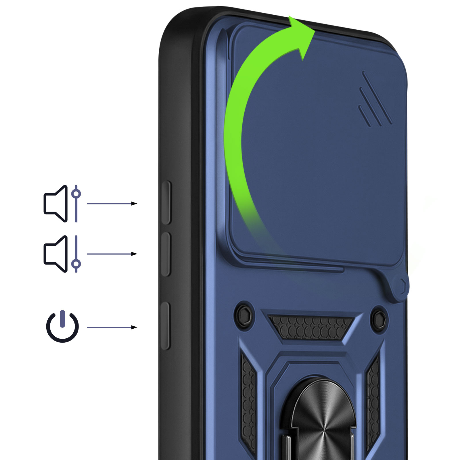 Coque de téléphone bleu foncé avec support anneau et flèches vers boutons.