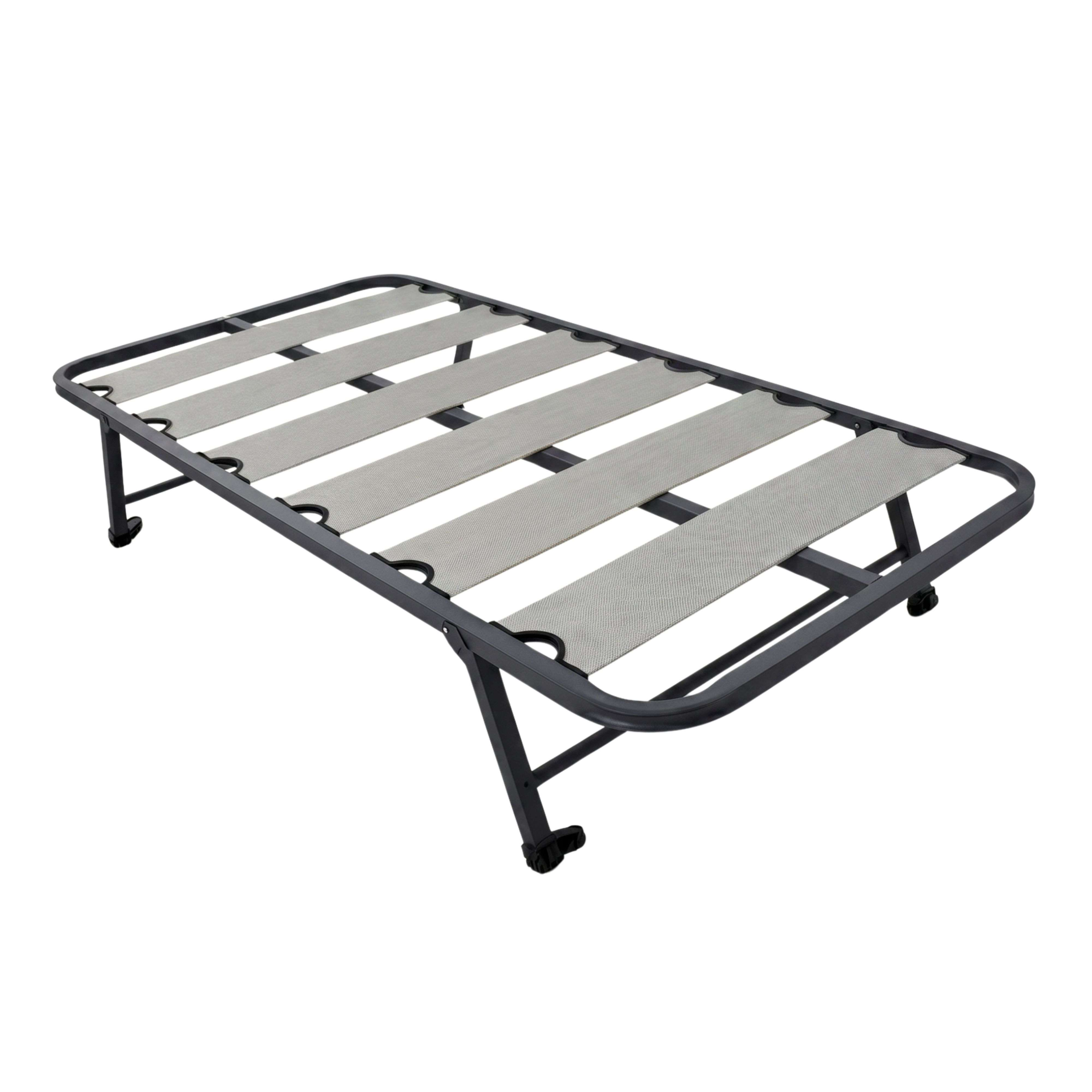 Una base de cama de metal gris con listones de tela y ruedas.