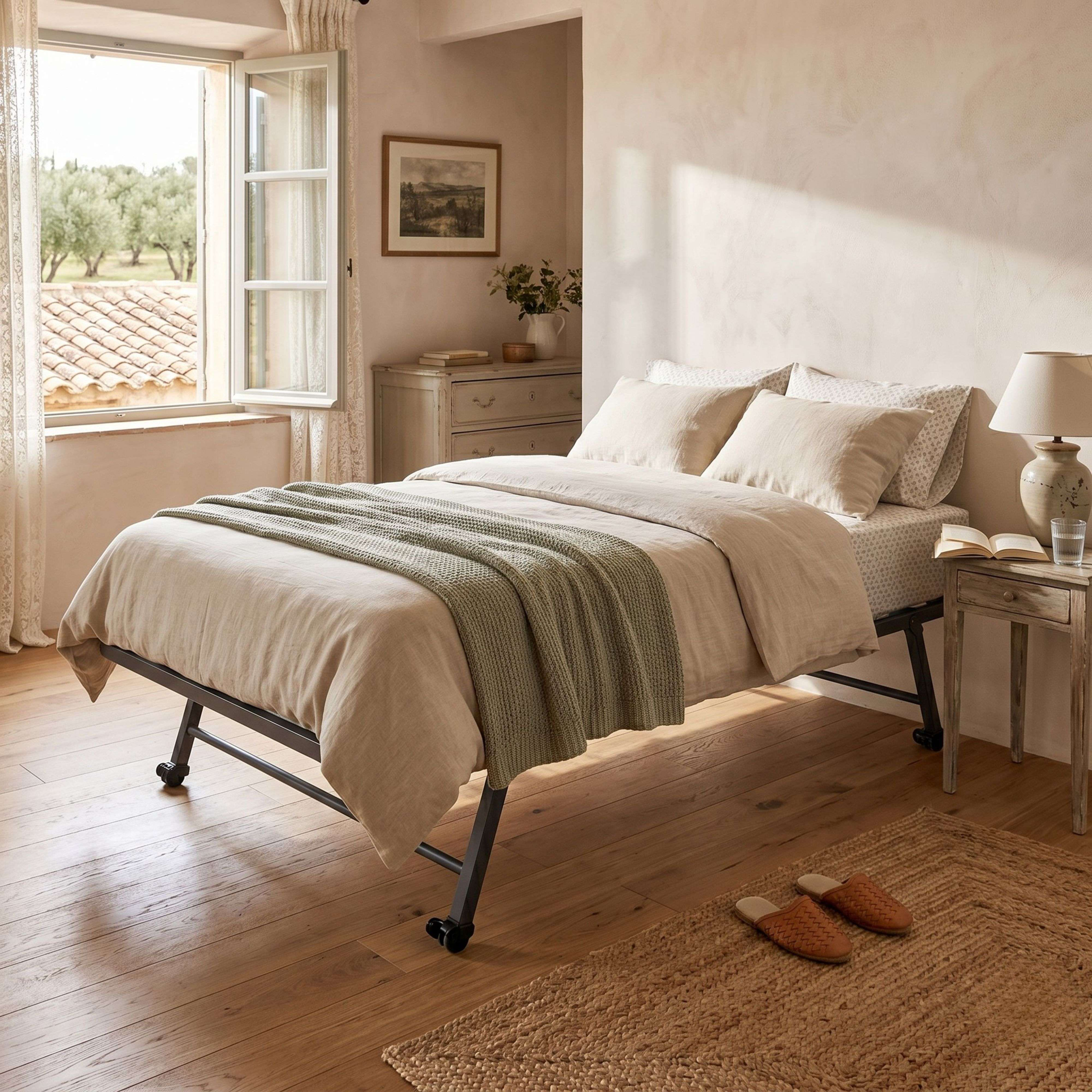 Una cama con ropa de cama beige y manta verde, junto a una mesita de noche con lámpara.