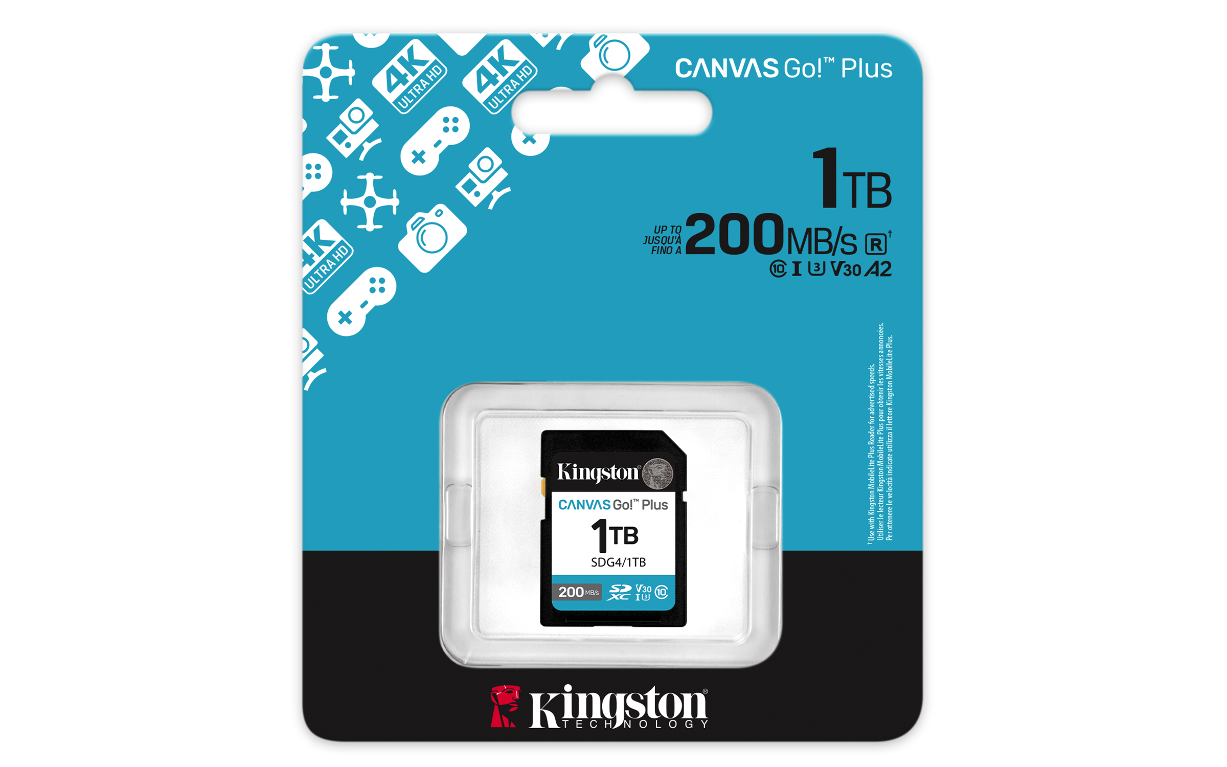 Kingston Canvas Go! Plus 1TB SD-kaart met 200MB/s, in verpakking met pictogrammen voor camera's, drones, games.