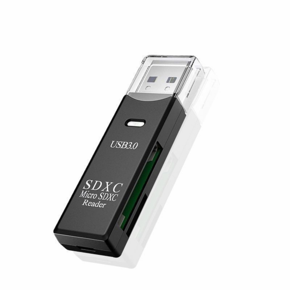 Schwarzer SDXC-Kartenleser mit USB 3.0 Anschluss und durchsichtiger Kappe.
