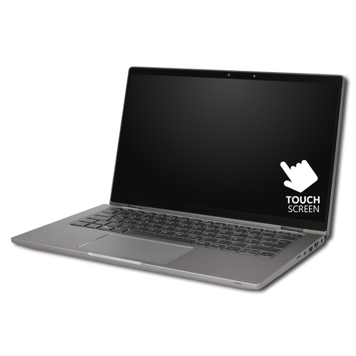 Ein geschlossener silberner Laptop mit schwarzem Bildschirm und Touchscreen-Symbol.