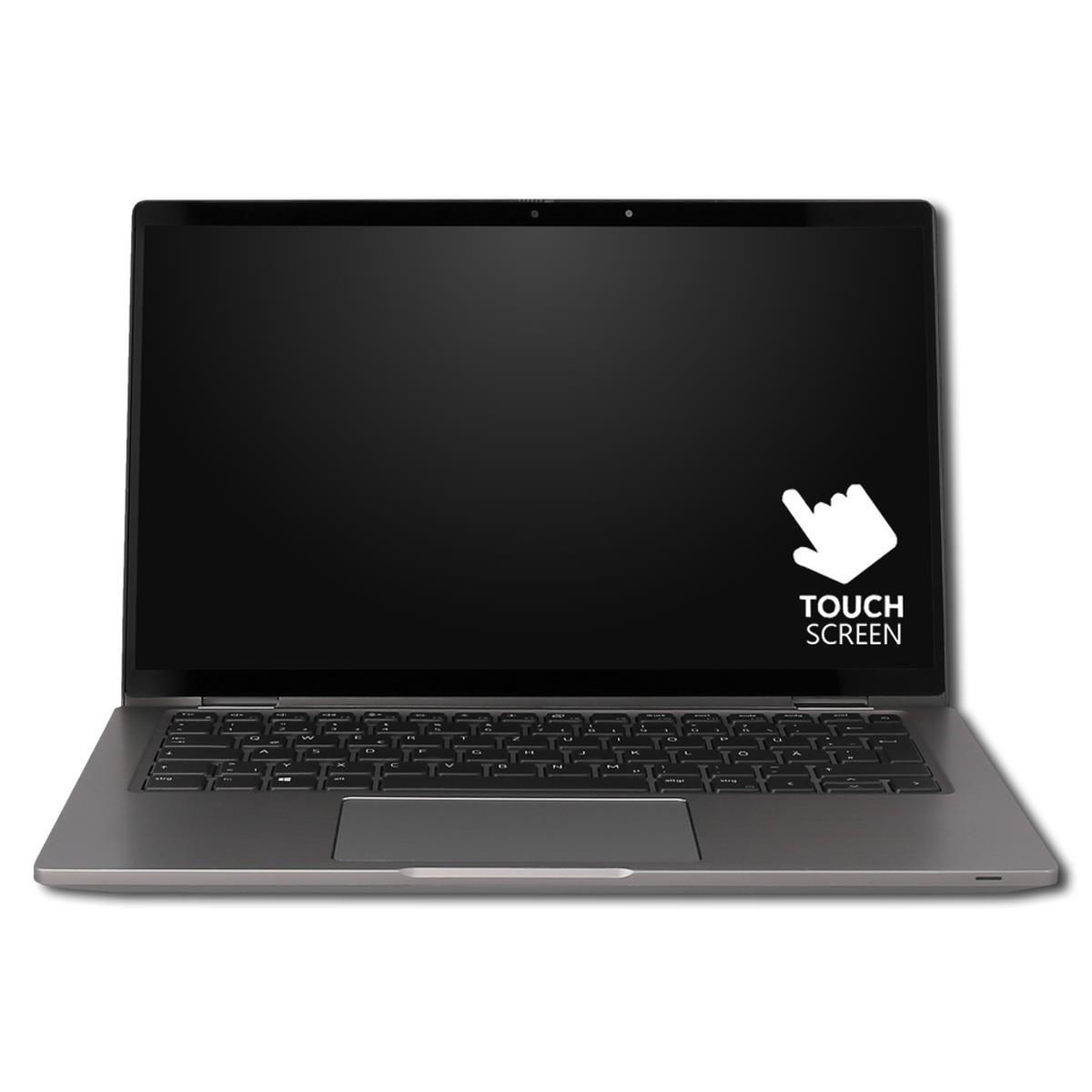 Grauer Laptop mit dunklem Touchscreen und "TOUCH SCREEN"-Aufkleber.