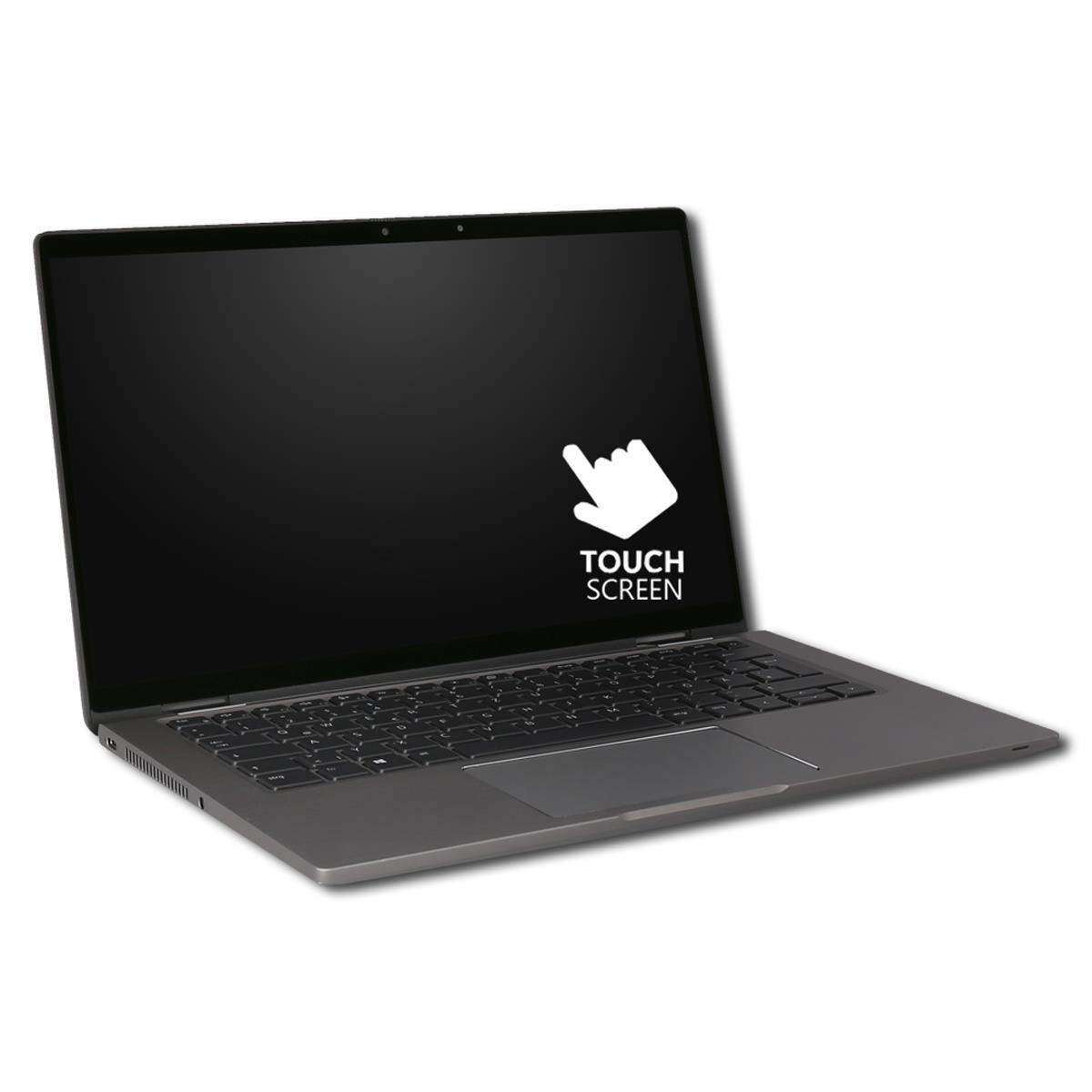 Grauer Laptop mit offenem Bildschirm, auf dem ein Touchscreen-Symbol angezeigt wird.