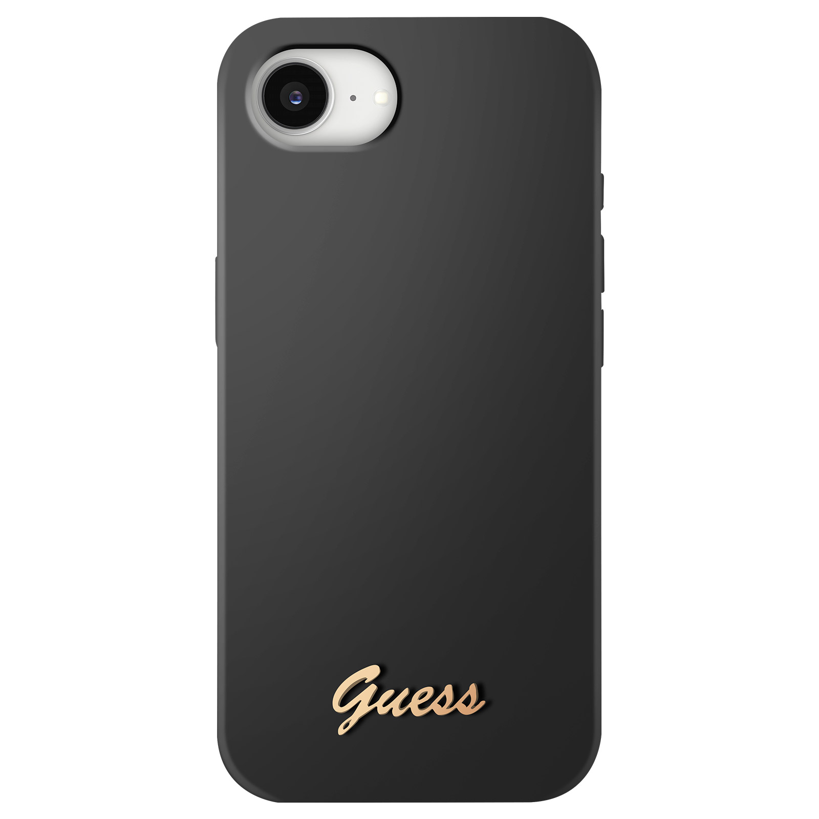 Zwarte telefoonhoes met GUESS-logo, camerauitsparing linksboven.