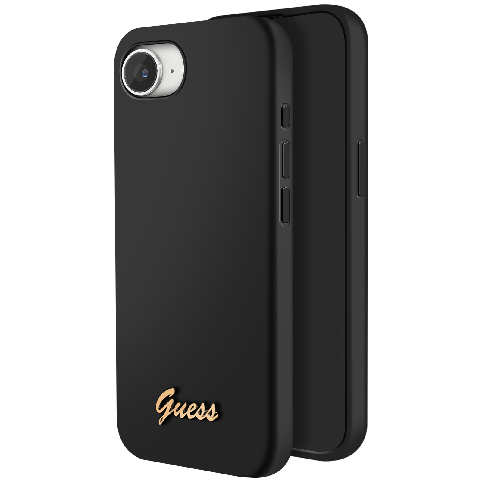 Zwarte telefoonhoes met gouden "Guess"-logo, camera-uitsparing.