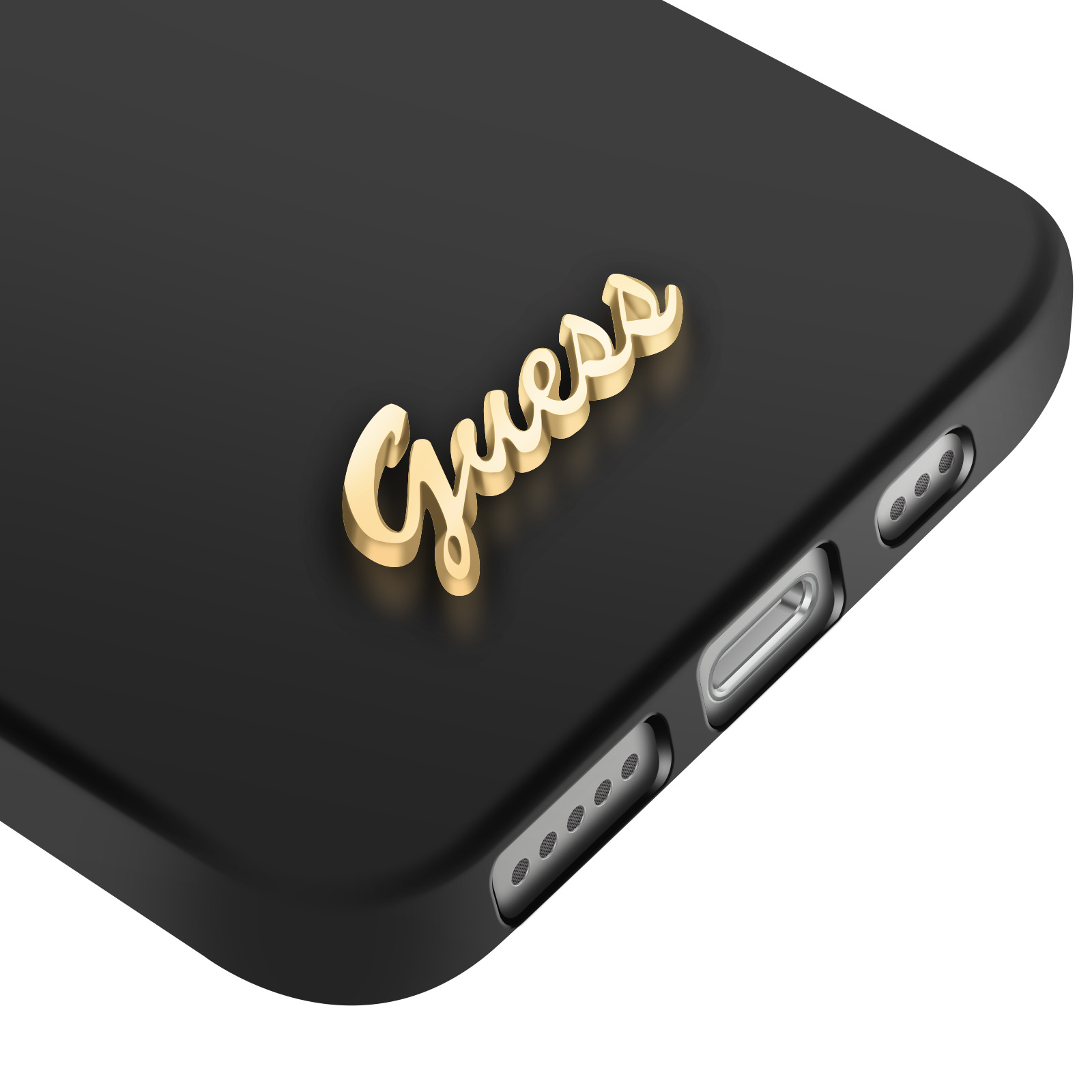Zwarte telefoonhoes met goudkleurig Guess-logo en zijknopen.