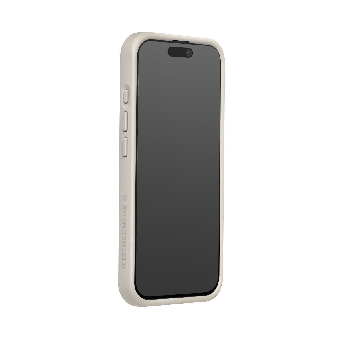 Een beige telefoon in een beschermhoes, staand op zijn zijkant.