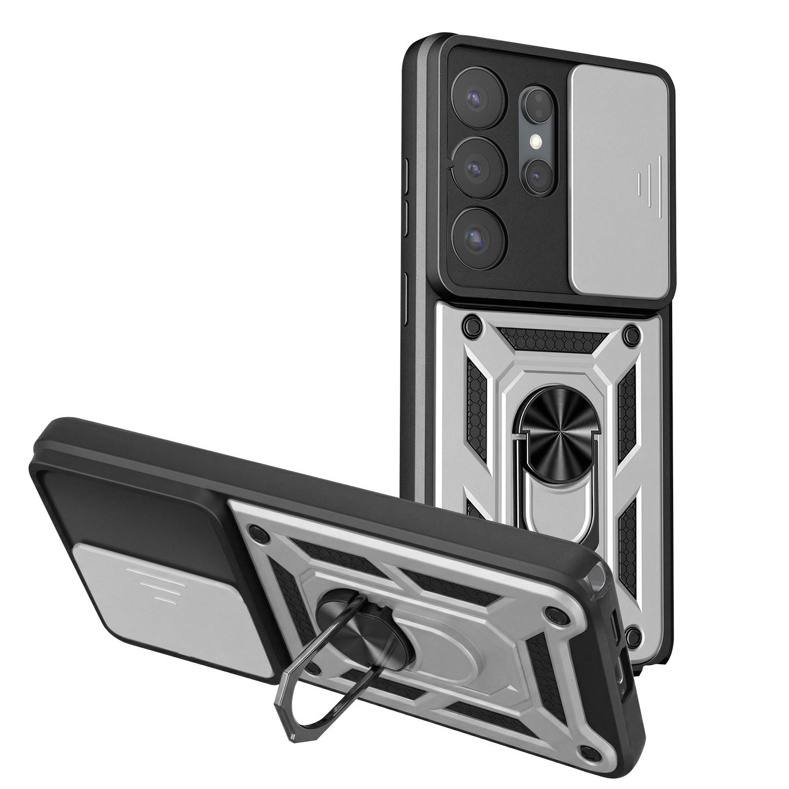 Schwarze Handyhülle mit silbernen Akzenten und Ringhalterung.