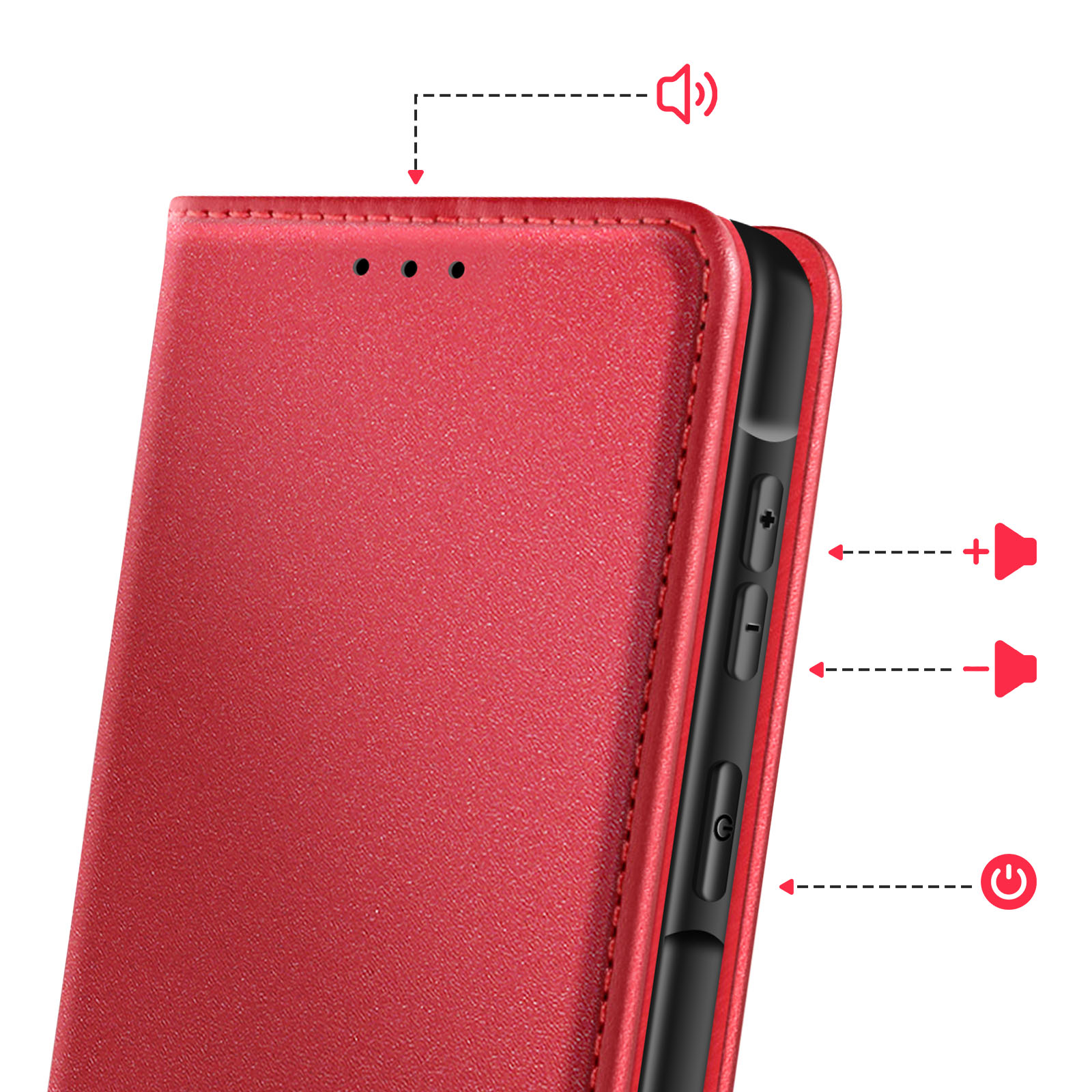 Funda roja para teléfono con botones de volumen y encendido. Fondo blanco.