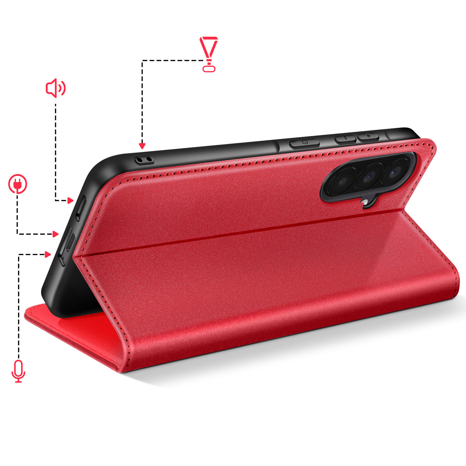 Funda roja de teléfono que muestra cámara, botones y puertos.