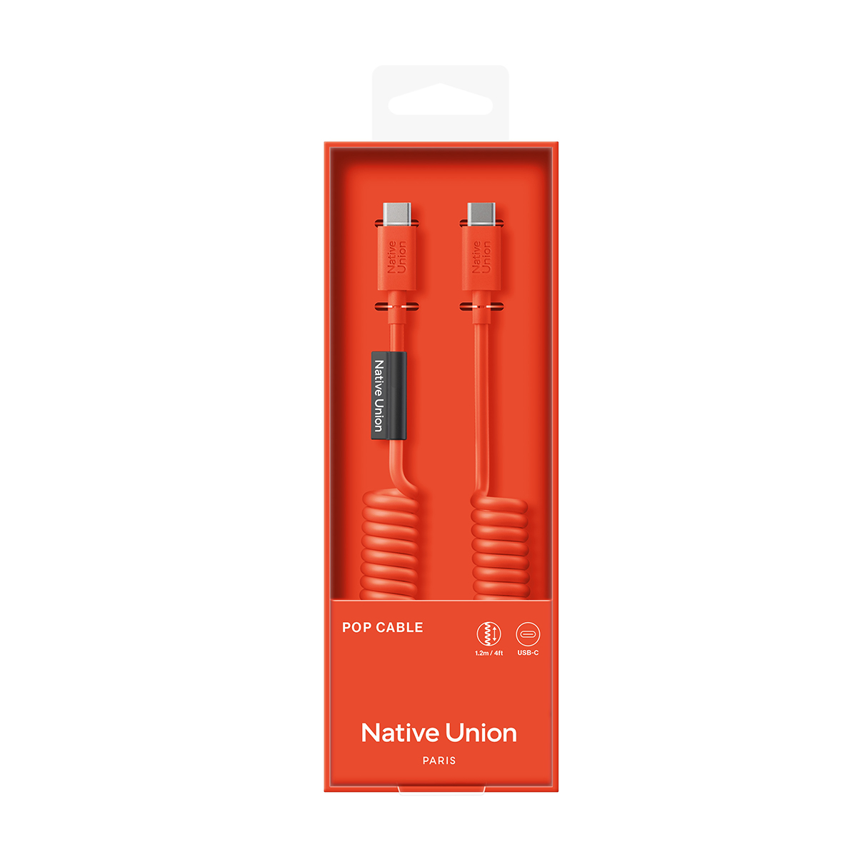Câble Pop Native Union orange avec connecteur USB-C dans son emballage.