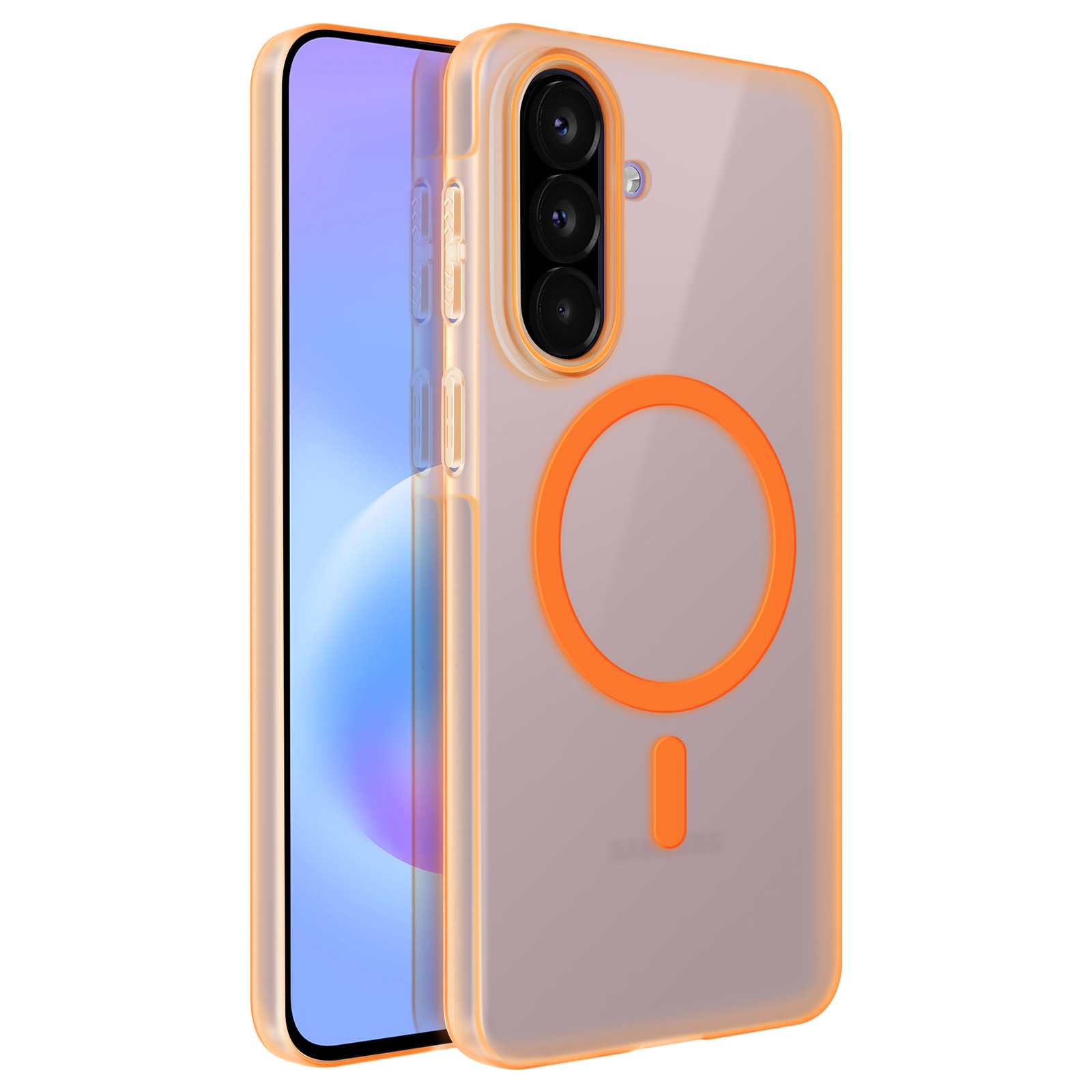Ein durchsichtiges Handyhülle mit orangem Rand und Ring um die Kamera.