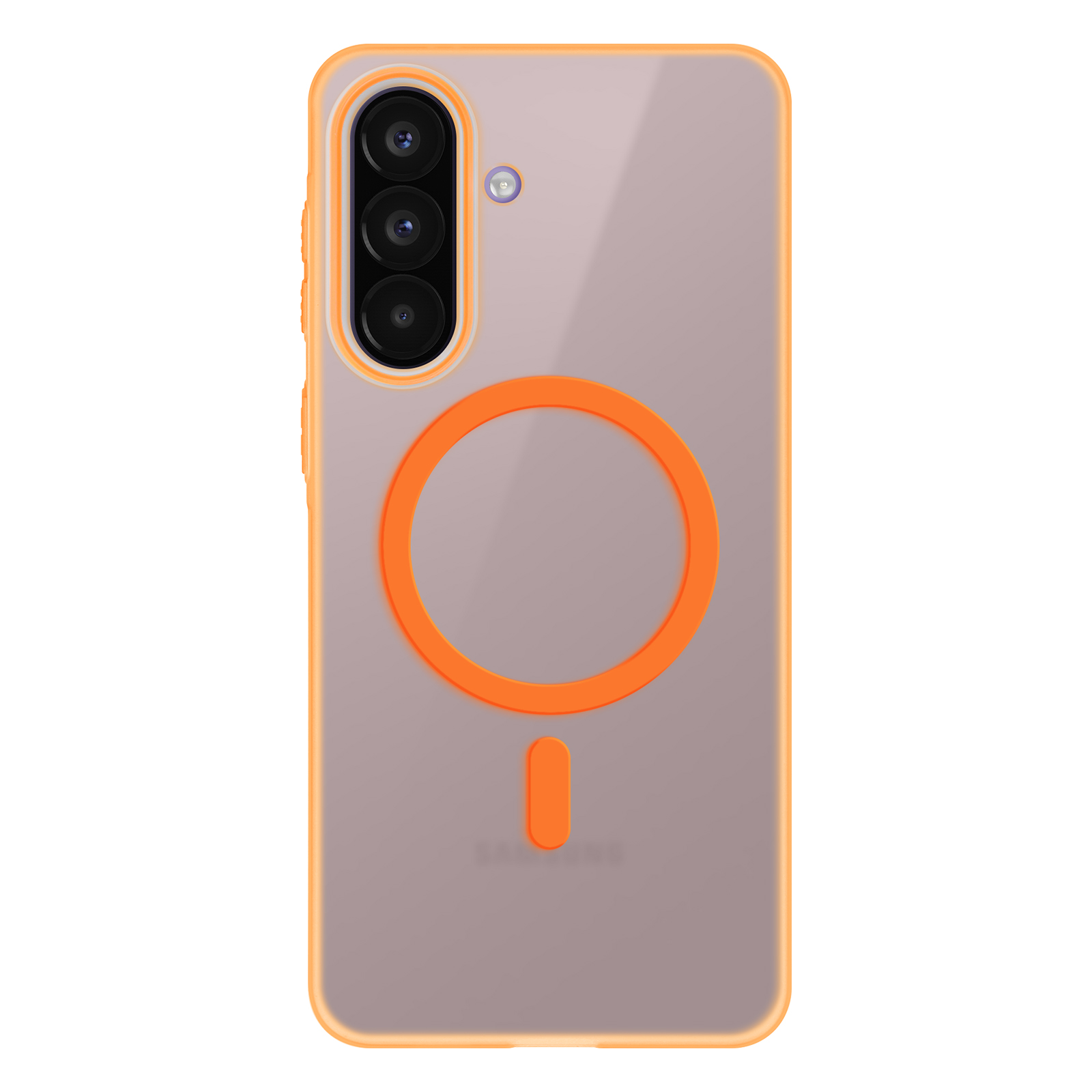 Transparente Handyhülle mit orangem Rand, Kamera und Ladekreis.