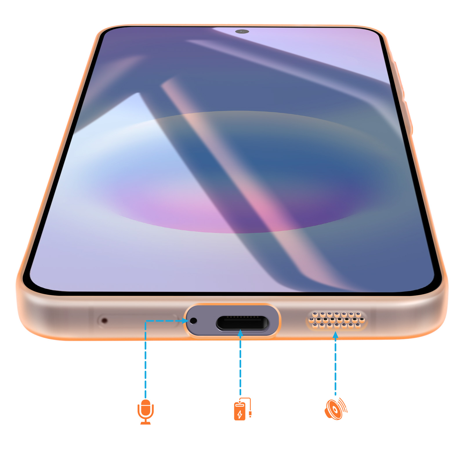 Ein orangefarbenes Smartphone mit USB-C-Anschluss, Mikrofon und Lautsprecheröffnungen.