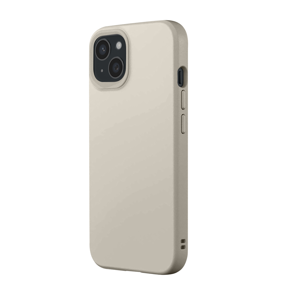 Une coque de téléphone beige avec trois objectifs photo et des boutons argentés.