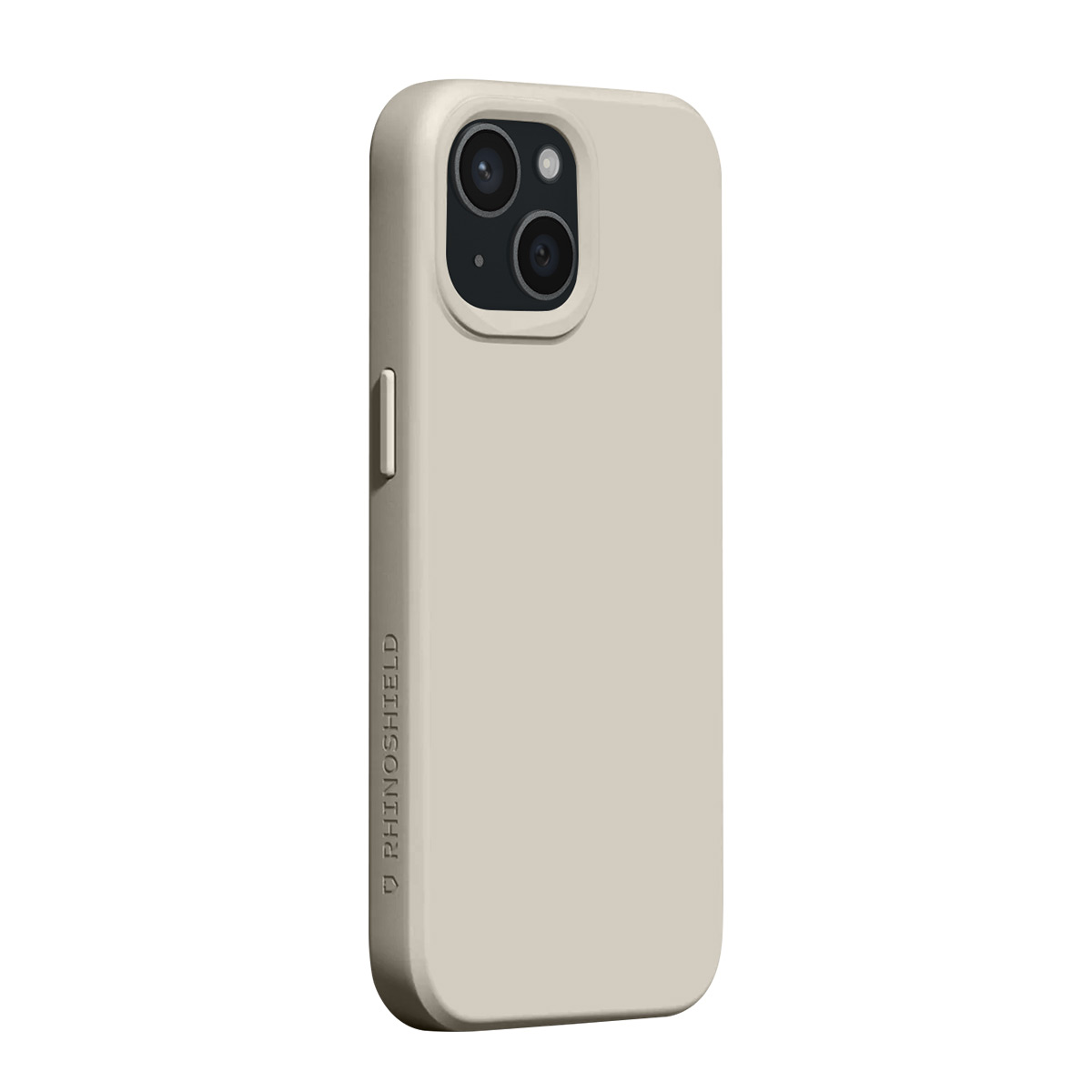 Une coque de téléphone beige avec un logo vertical sur le côté gauche.