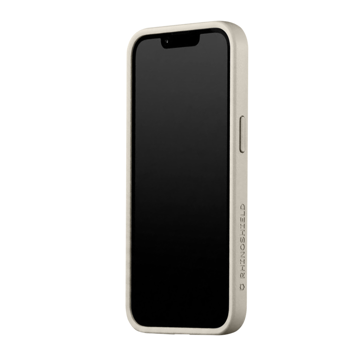 Un téléphone gris clair avec un écran noir, arborant un logo sur le côté droit.