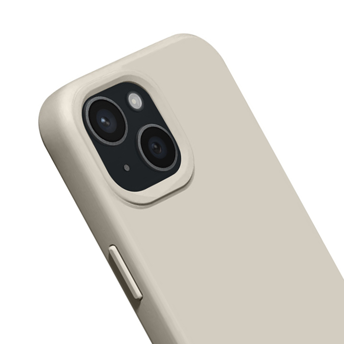 Une coque de téléphone neutre et claire avec un module double caméra.