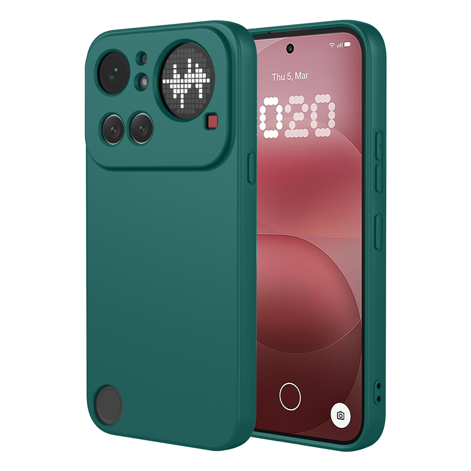 Une coque de téléphone verte avec des objectifs d'appareil photo et un petit écran pixélisé.