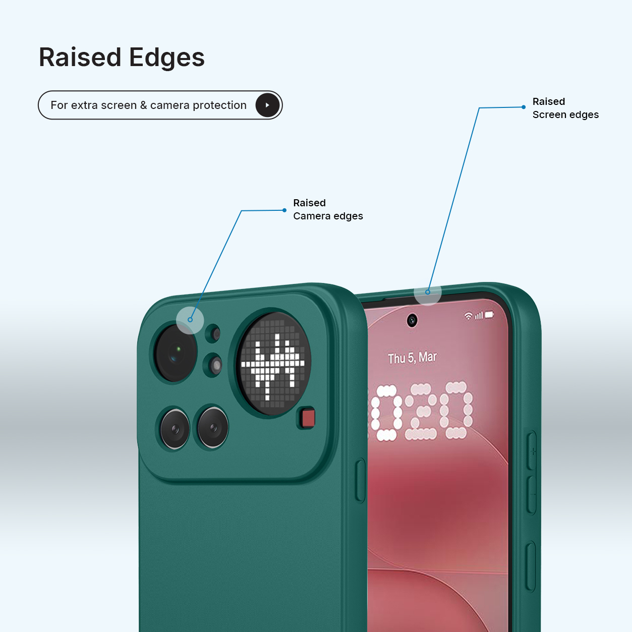 Coque de téléphone verte avec bords surélevés pour protéger l'appareil photo et l'écran.