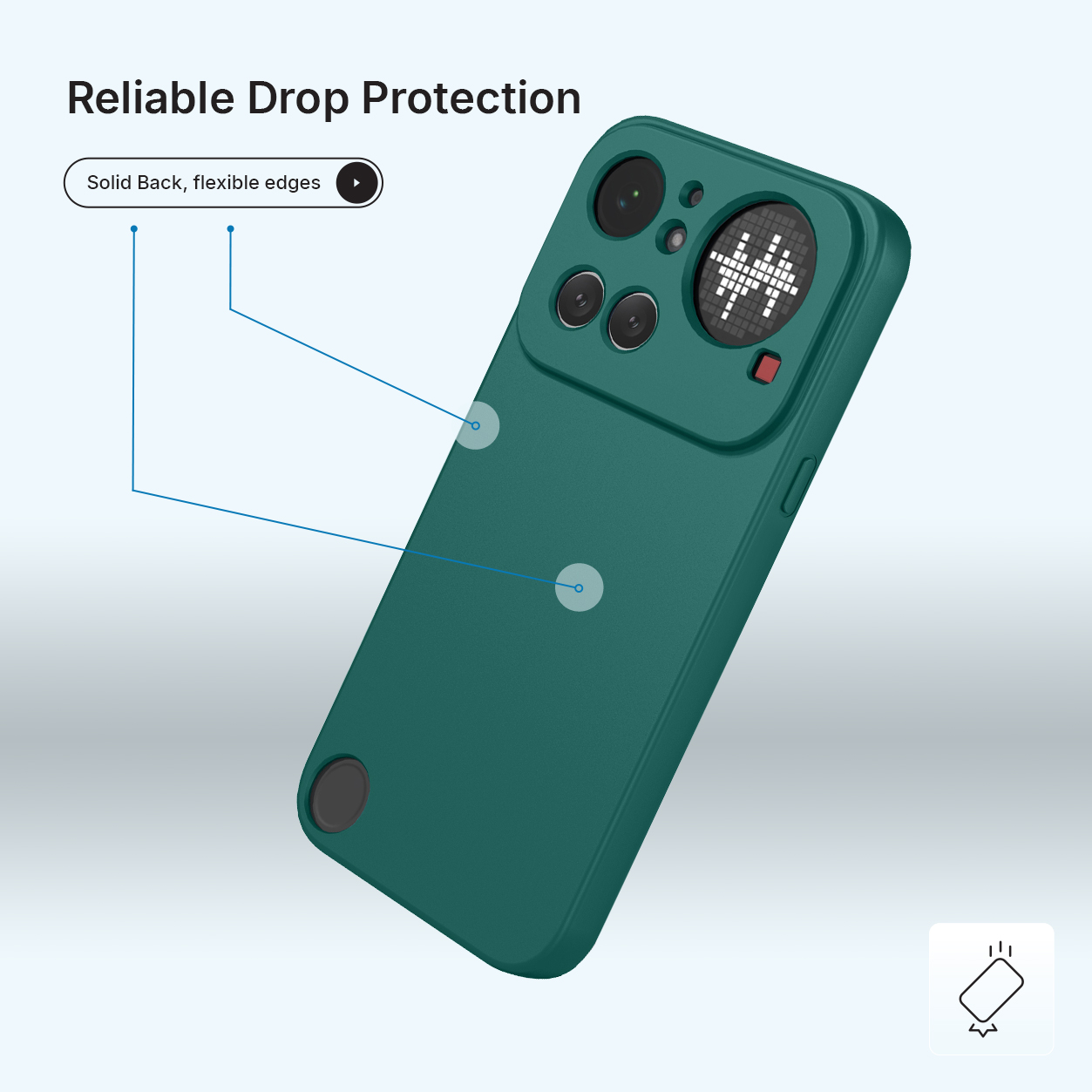 Coque de téléphone vert foncé avec caméras et bords souples.