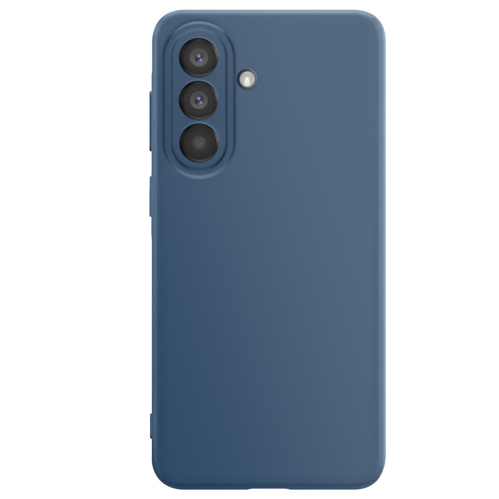 Eine blaue Handyhülle mit drei Kameralinsen und Blitz.