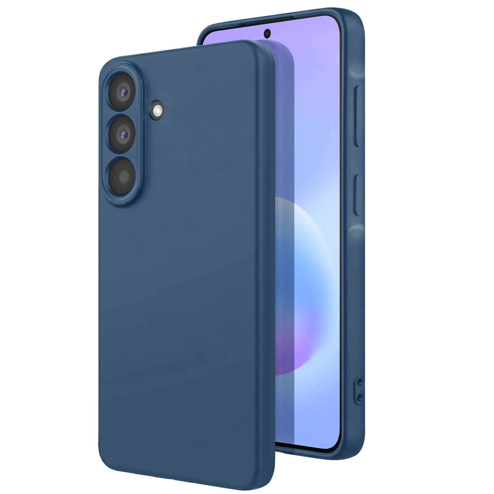 Eine dunkelblaue Handyhülle liegt neben einem Smartphone mit blauem Bildschirm.
