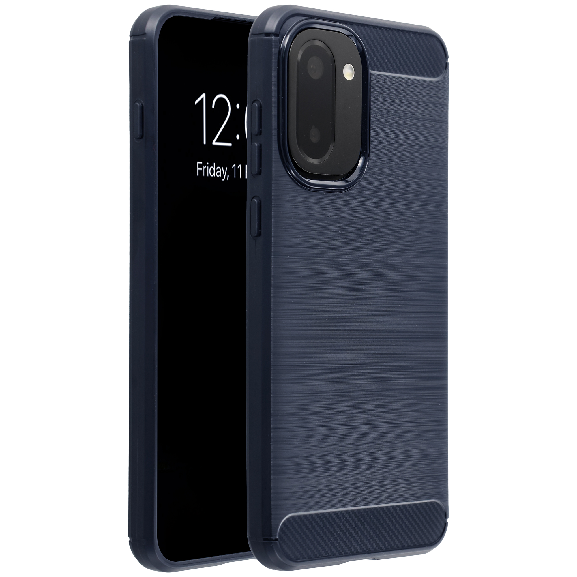 Donkerblauwe telefoonhoes met geborstelde textuur, camera-uitsparing en telefoon.