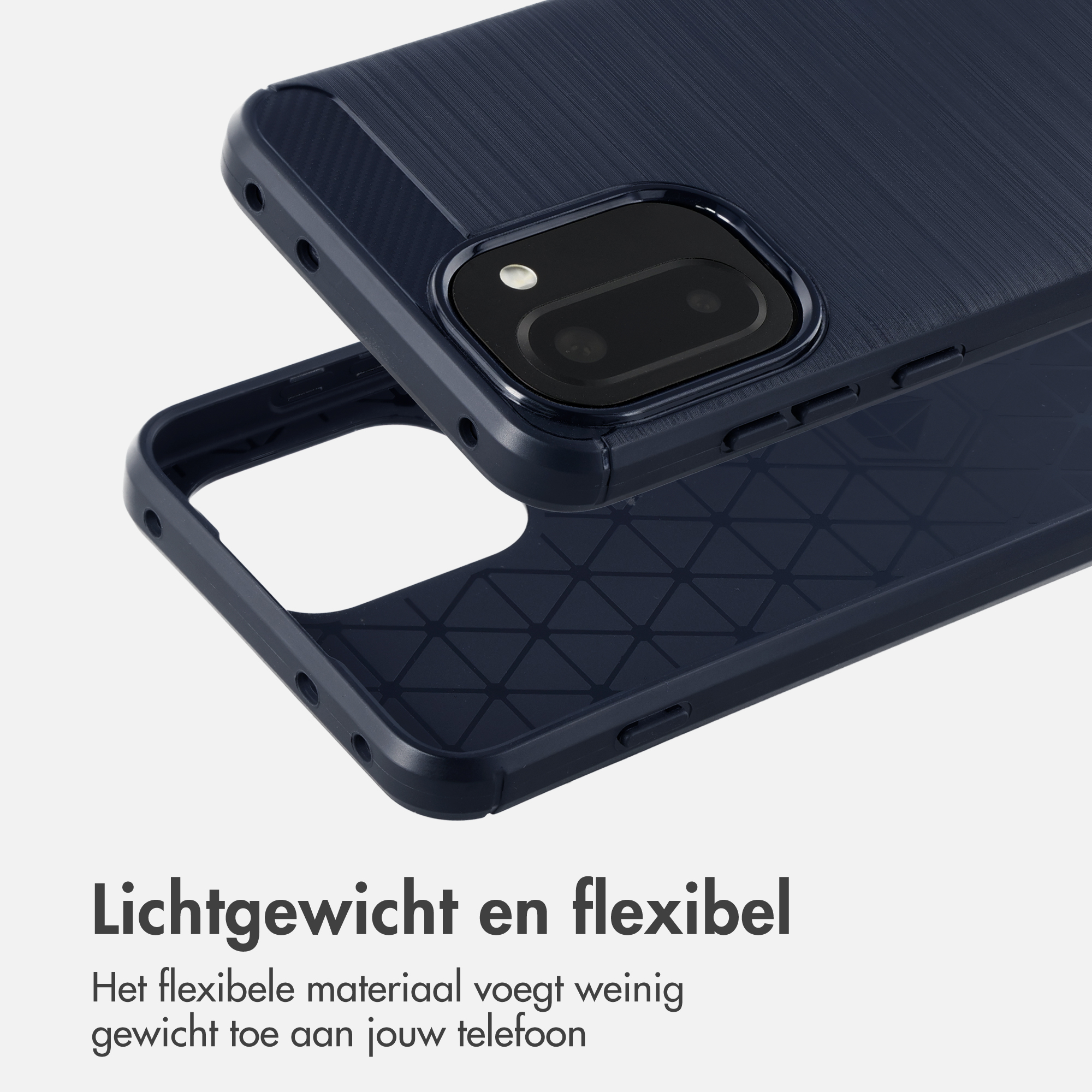 Donkerblauwe telefoonhoes met fijne ribbelstructuur en cameruitleg.