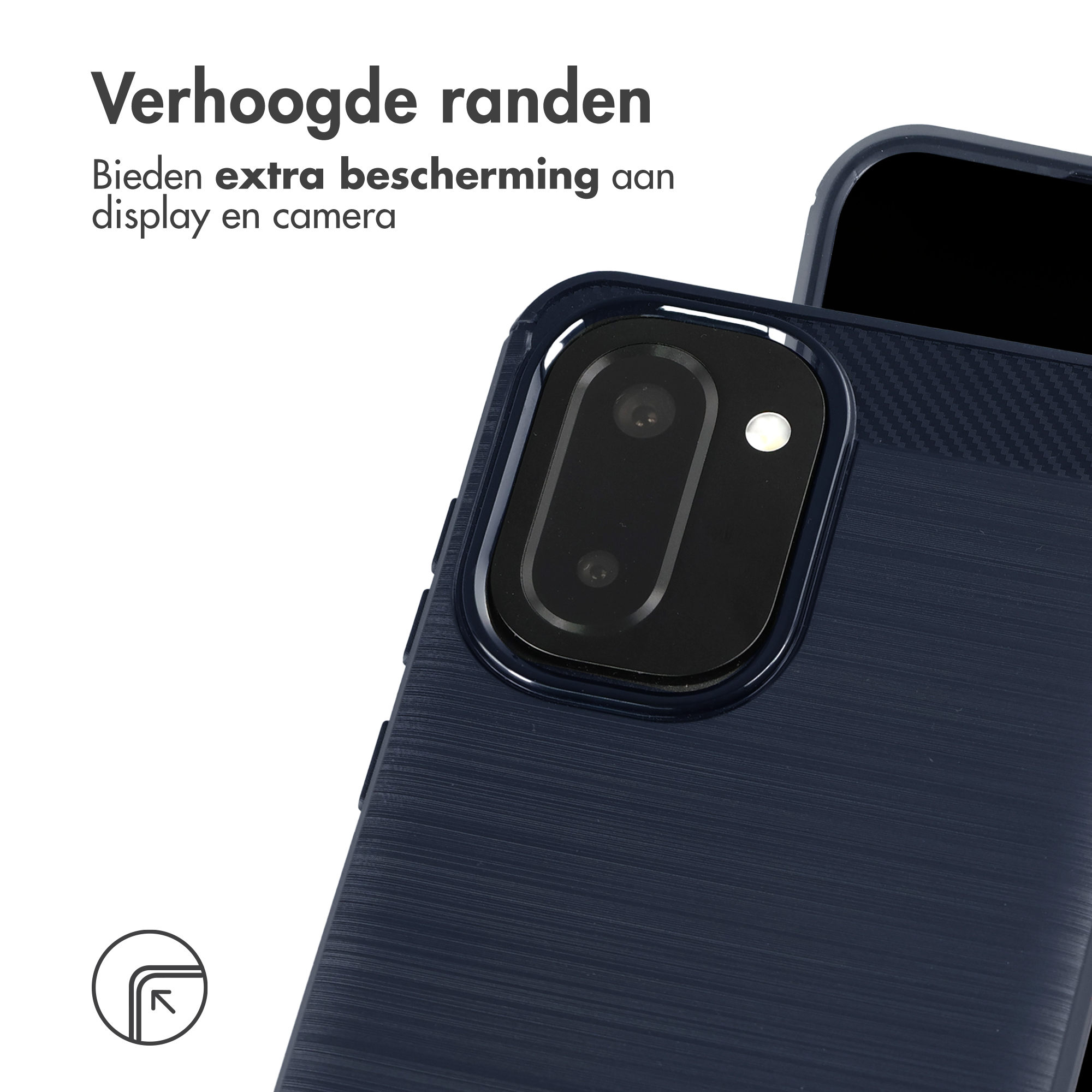 Donkerblauwe telefoonhoes met verhoogde randen ter bescherming van camera en scherm.