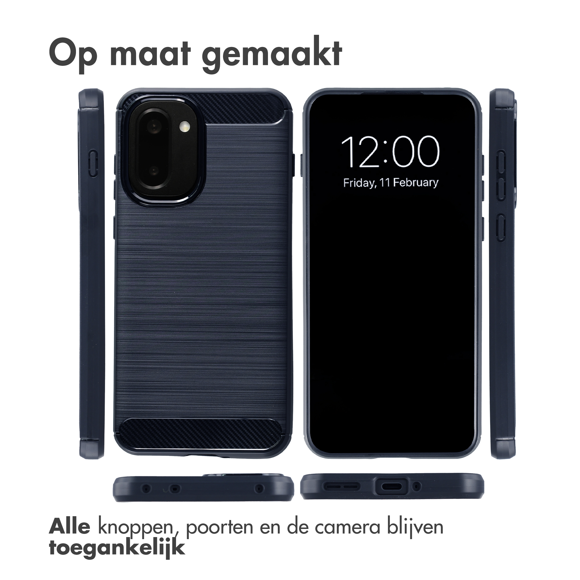 Donkerblauwe telefoonhoes met geborstelde textuur en cameramodule.