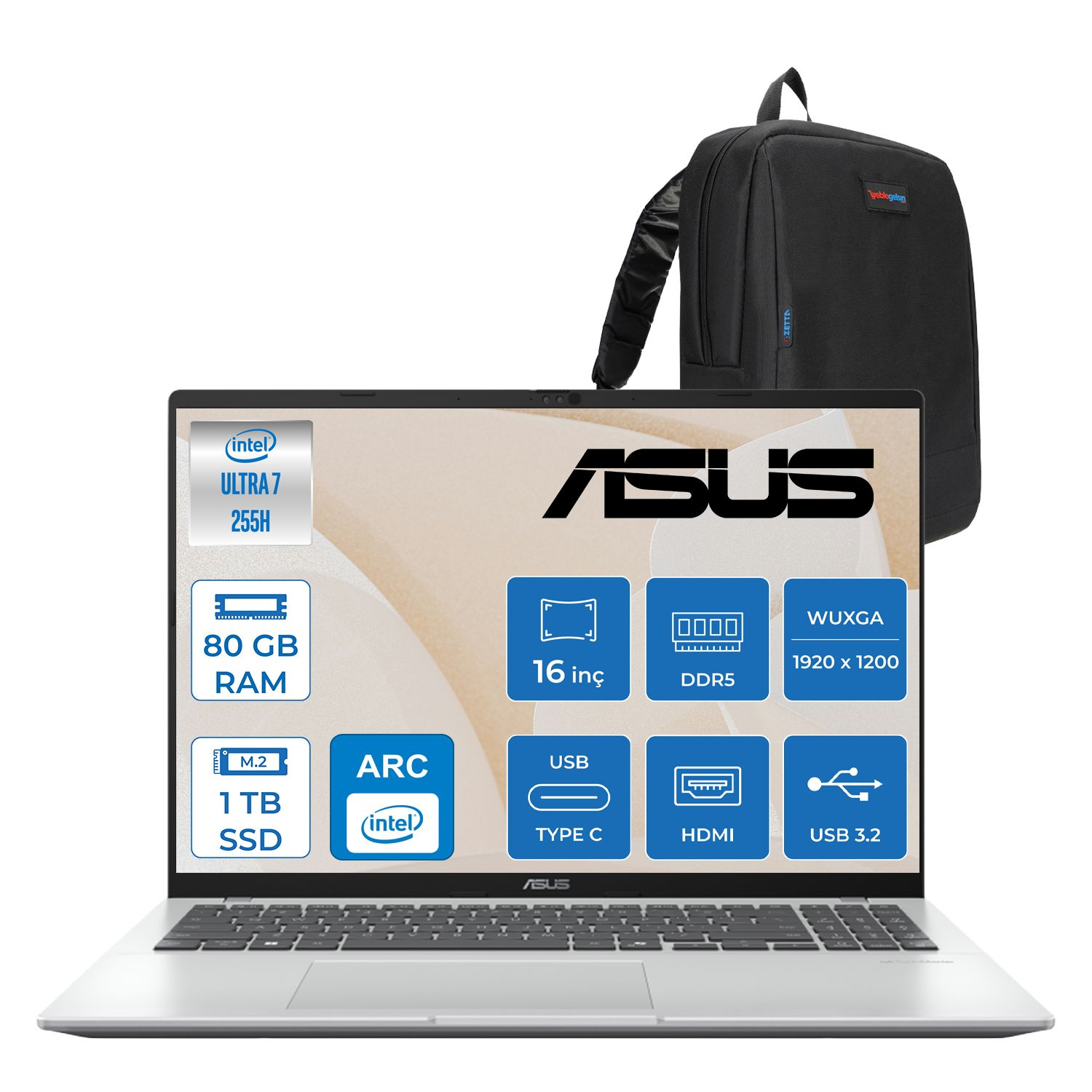ASUS Vivobook X1607CA AI Intel Arc WMB077F28 Intel Core Ultra 7 255H 80 GB RAM 1 TB SSD 16 inç FreeDOS Laptop+Çanta Siyah