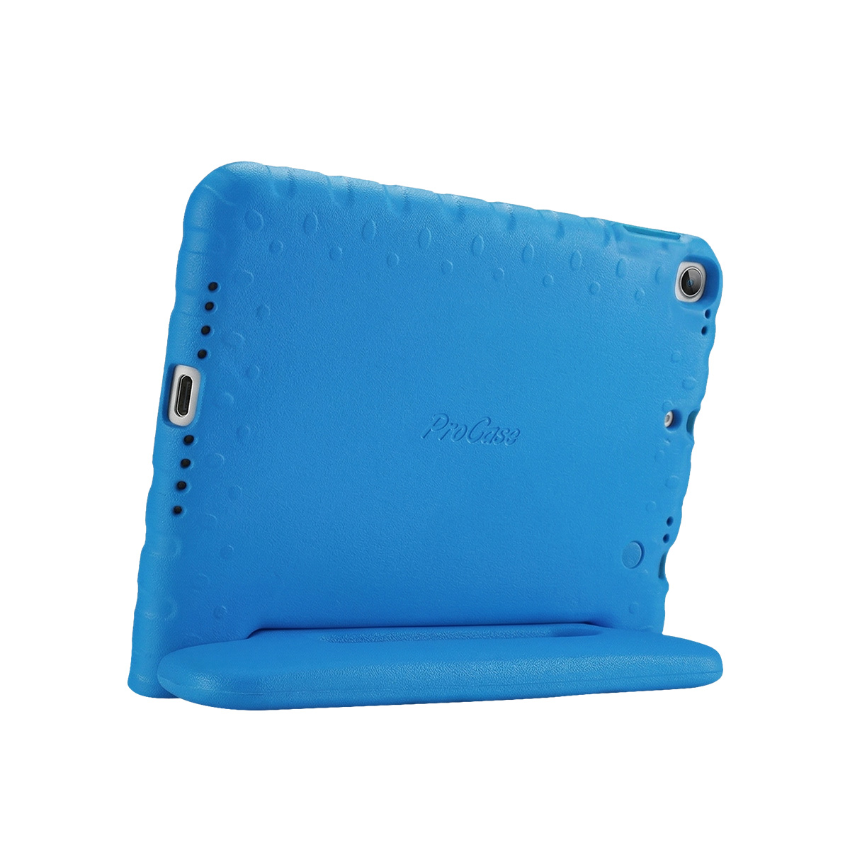 Blaues Tablet-Case mit integriertem Ständer, ProCase-Logo und erhöhten Punkten.