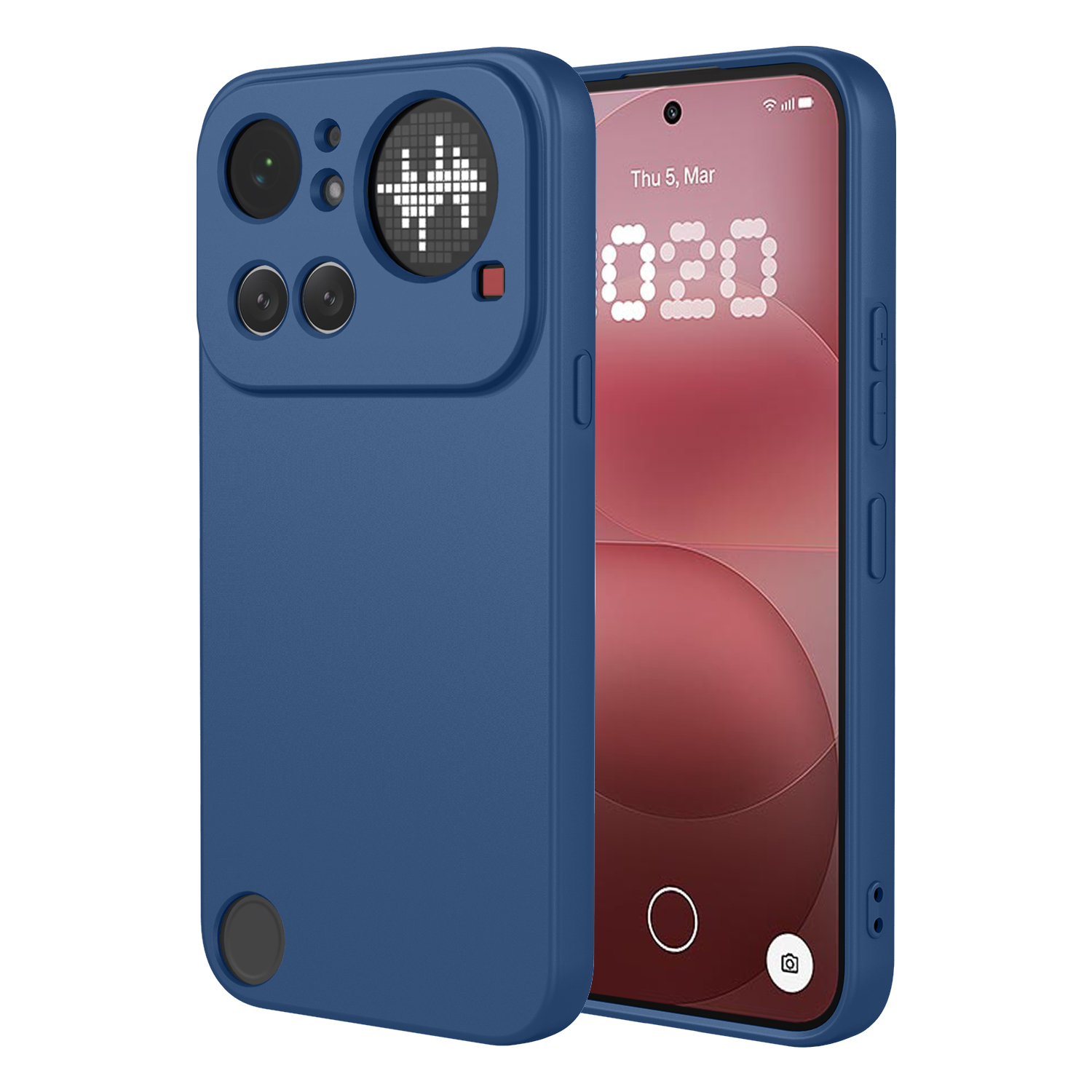 Coque de téléphone bleue avec objectifs et petit écran matriciel. L'écran du téléphone affiche 0h20.
