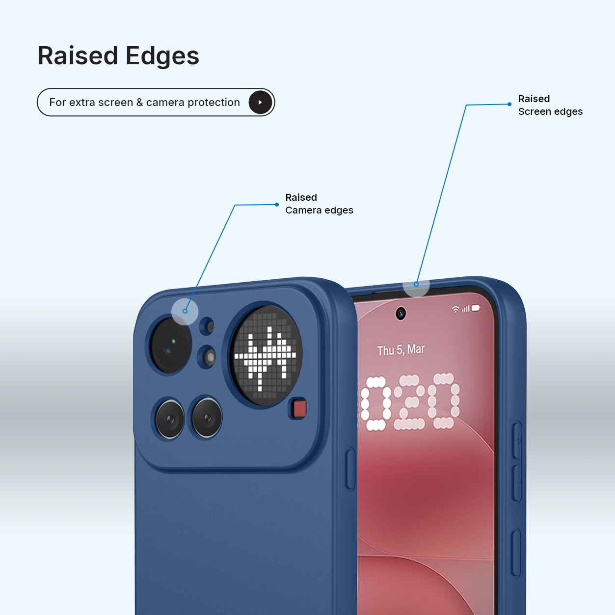 Coque de téléphone bleue avec bords surélevés pour la protection de la caméra et de l'écran.