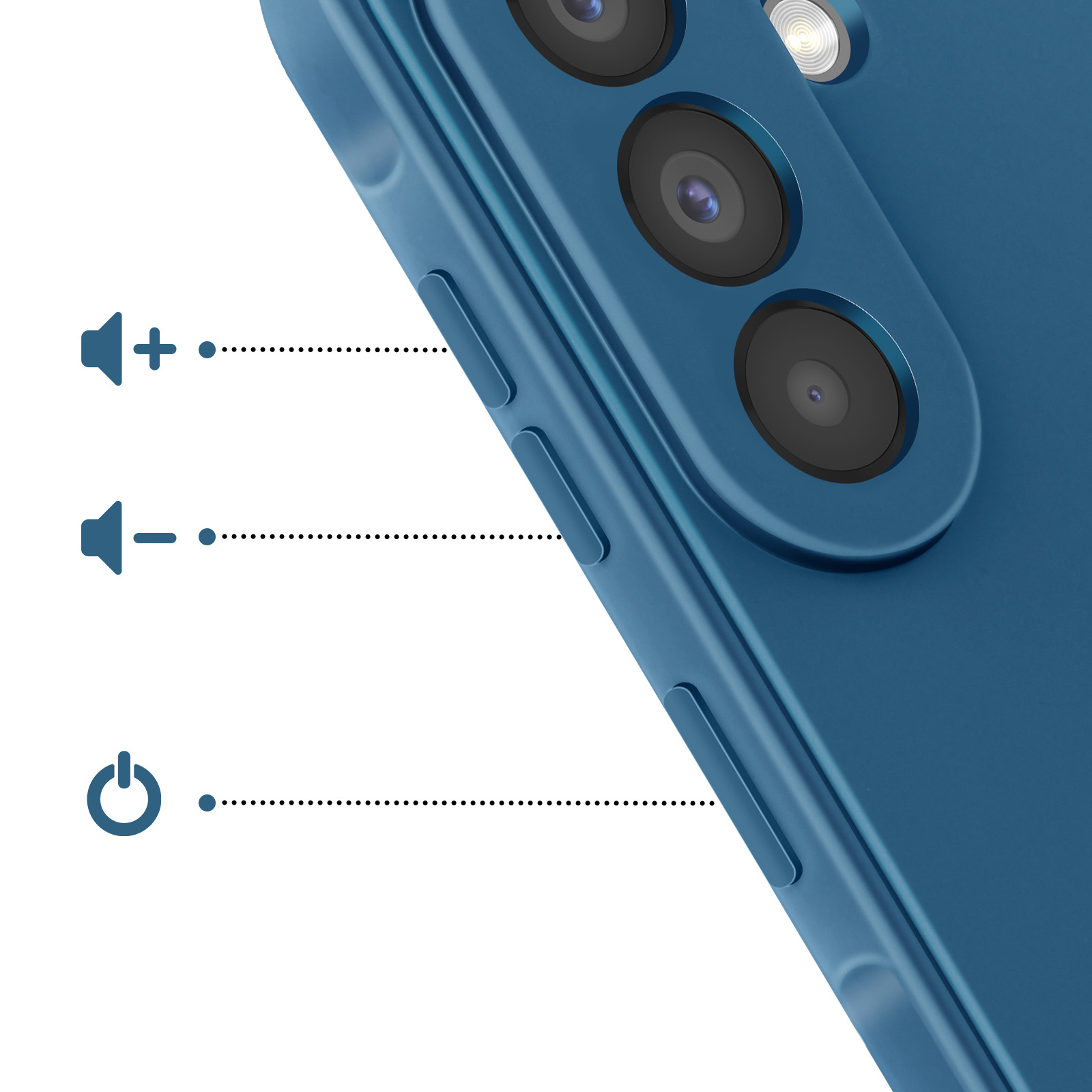 Arrière de téléphone bleu avec trois caméras, icônes volume et alimentation.