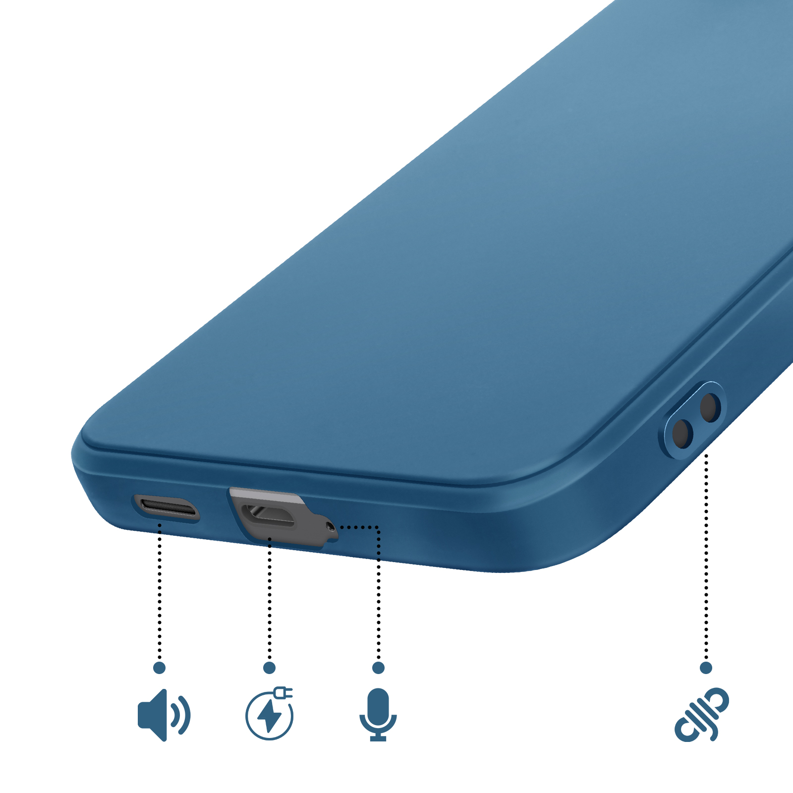 Coque de téléphone bleue montrant les ports haut-parleur, charge et micro.