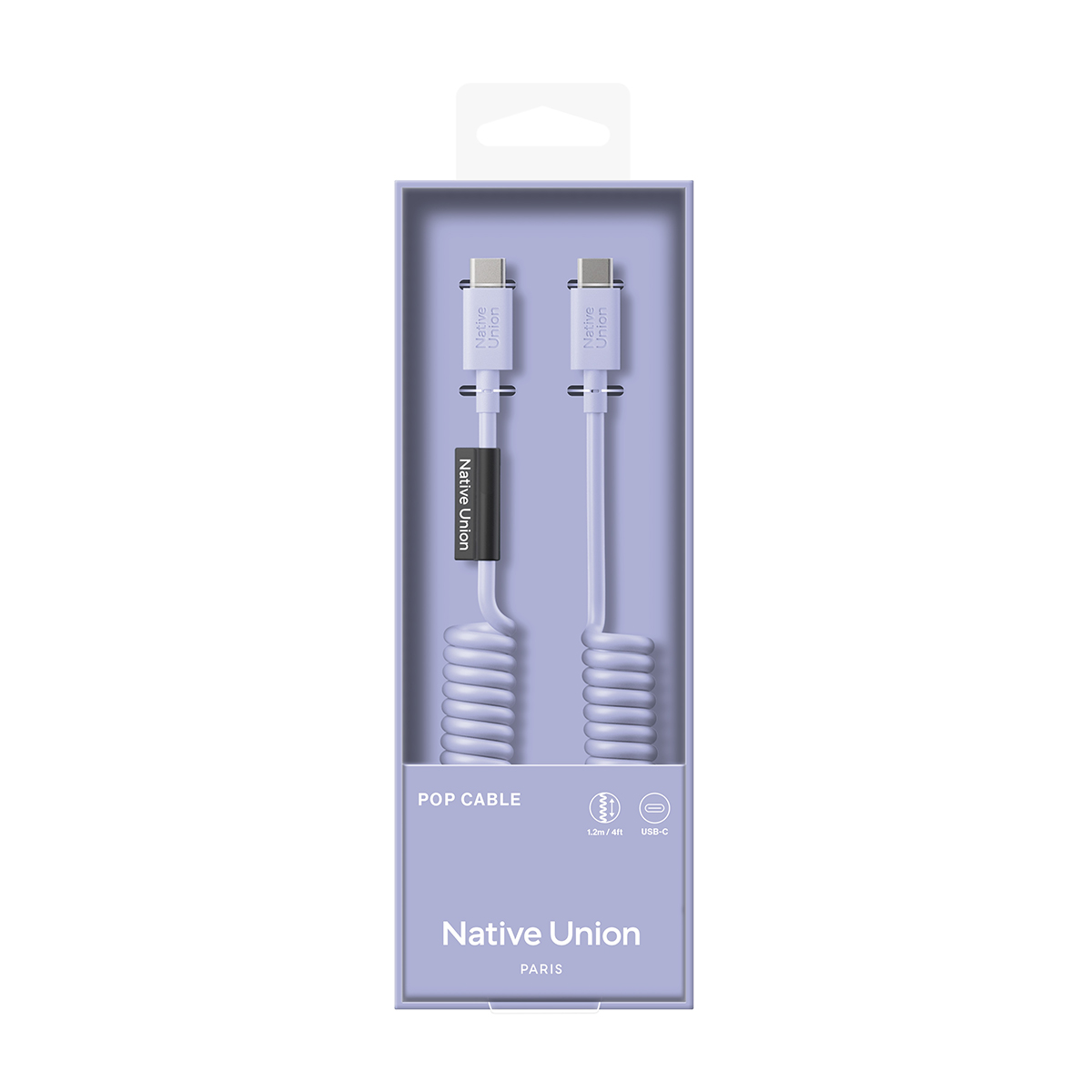 Câbles USB-C blancs enroulés avec logo Native Union sur emballage violet.