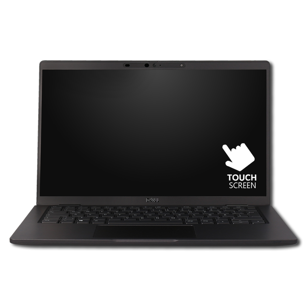 Schwarzer Dell Laptop mit Touchscreen-Symbol und Tastatur.