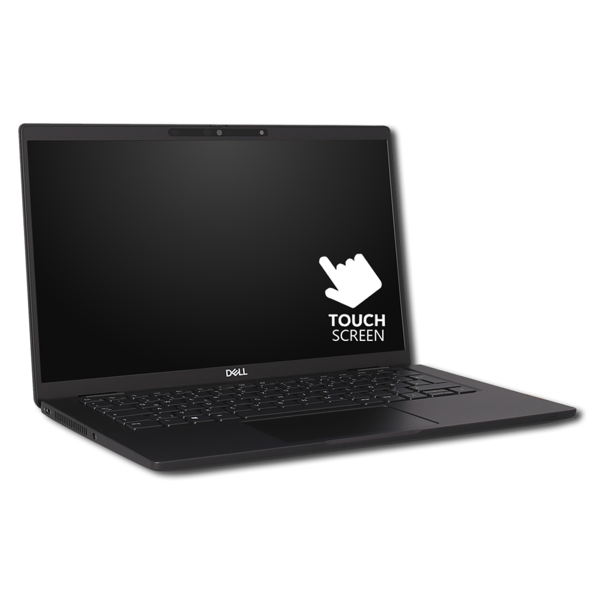 Schwarzer Dell Laptop mit Touchscreen-Symbol auf dem dunklen Bildschirm.