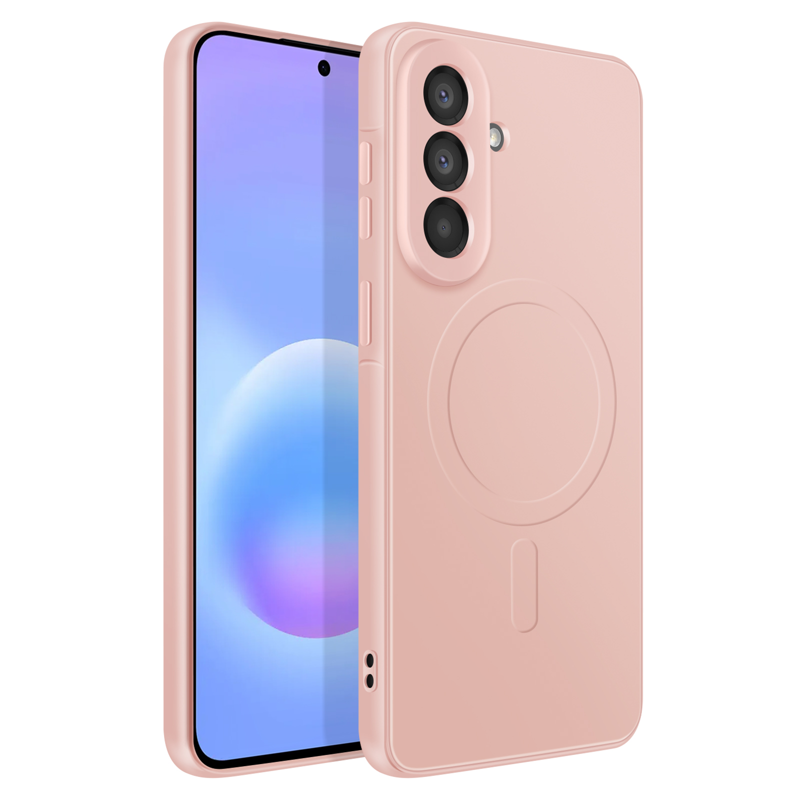 Een roze smartphone met drie camera's en een cirkelvormig magnetisch ontwerp op de achterkant.