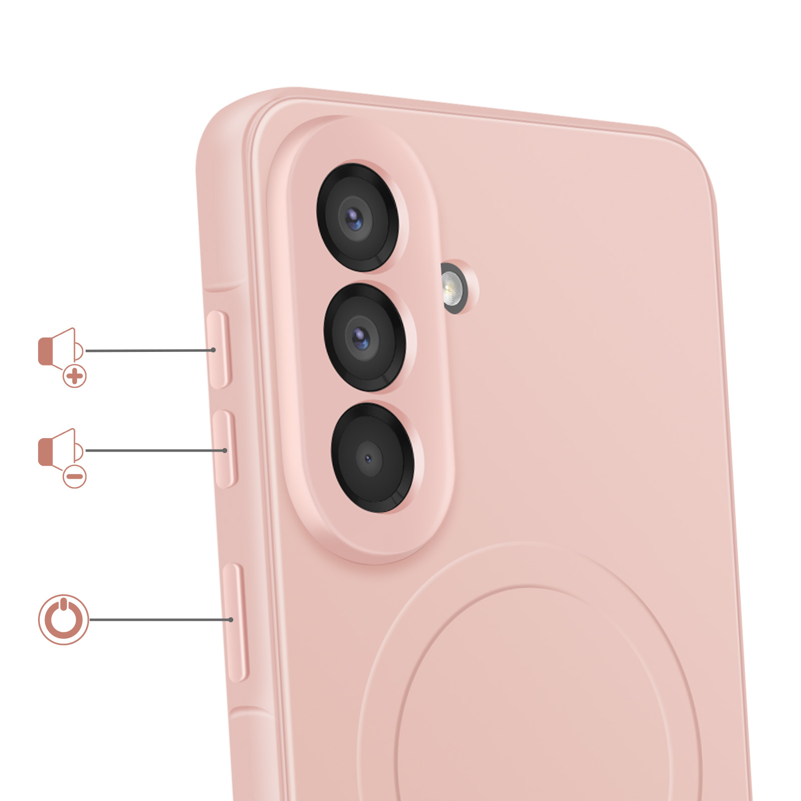 Close-up van een roze telefoonhoes met drie cameralenzen en volume-/aan/uit-knoppen.