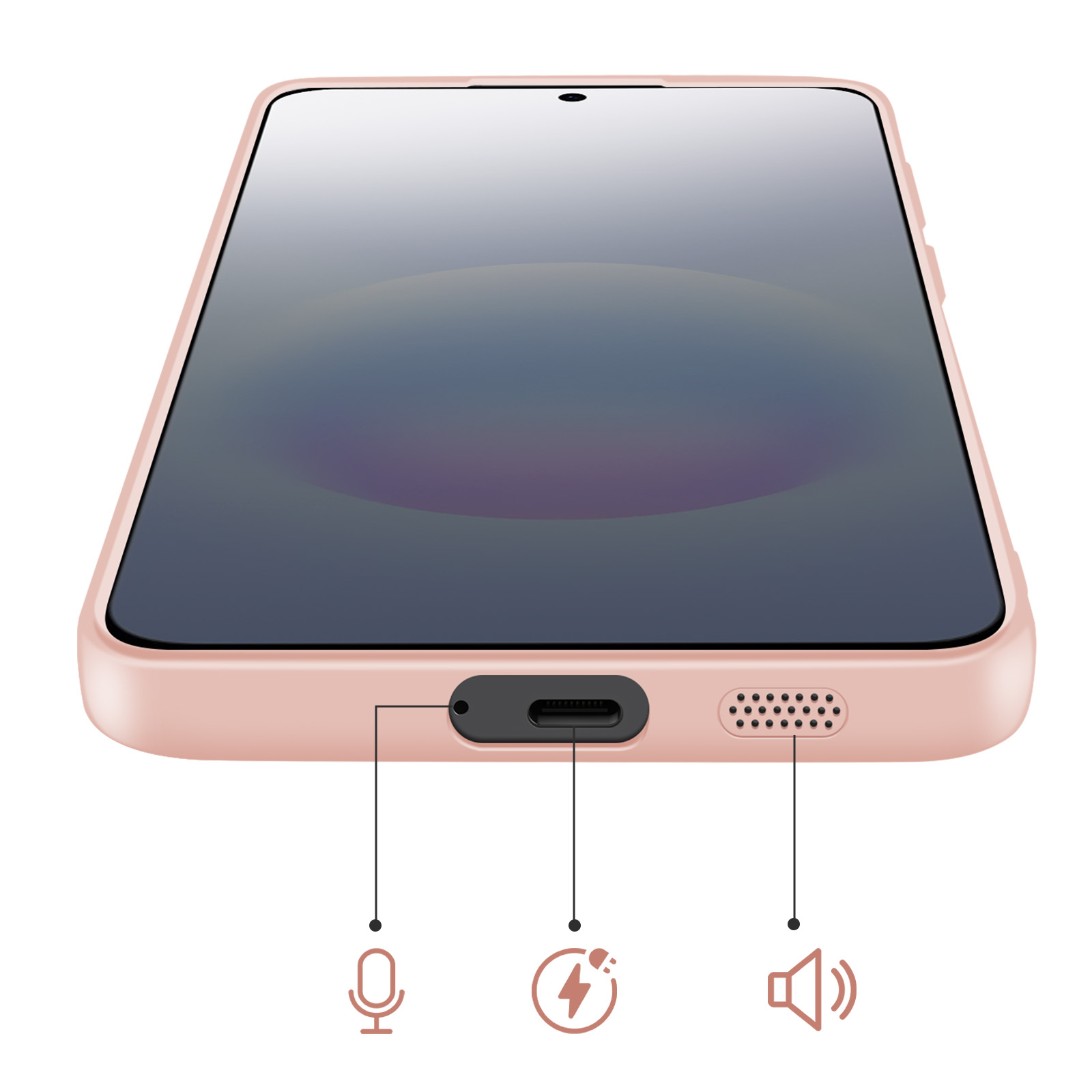 Een roze smartphone met de USB-C-poort, microfoon en luidspreker aan de onderkant.